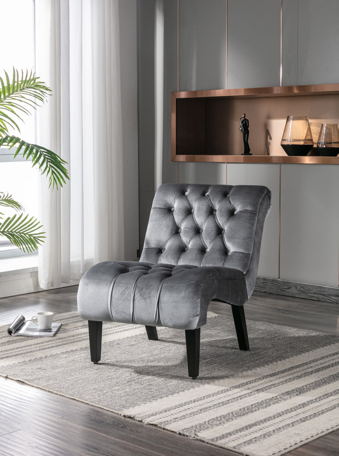 Coolmore Modern Velvet Armless Accent Living Room Chair Leisure Chair,Upholstered Fabric Button Comfortable Chair With Wooden Legs For Bedroom, Living Room, Office Silver Velvet Silver Foam Velvet