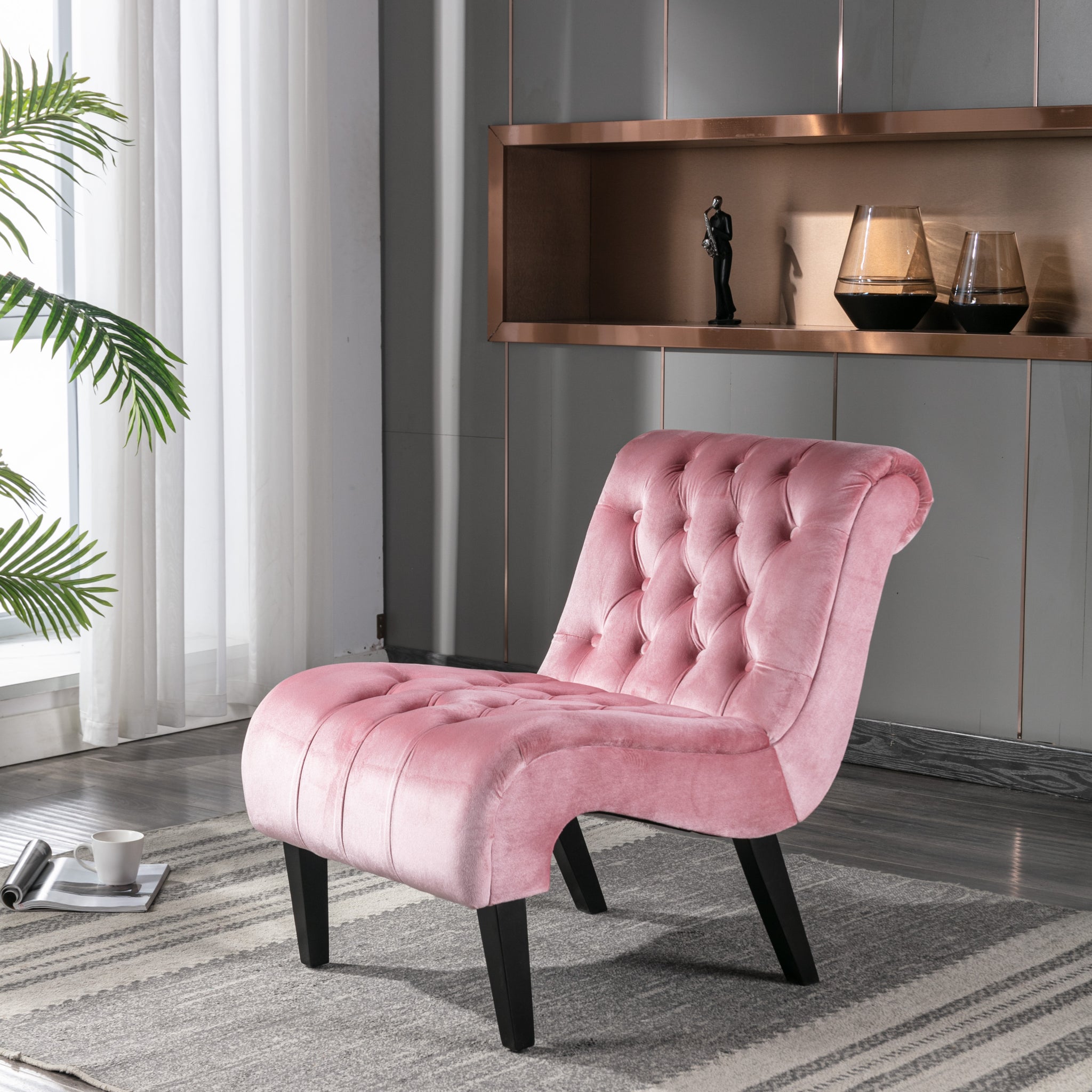 Coolmore Modern Velvet Armless Accent Living Room Chair Leisure Chair,Upholstered Fabric Button Comfortable Chair With Wooden Legs For Bedroom, Living Room, Office Pink Velvet Pink Primary Living Space Foam Velvet