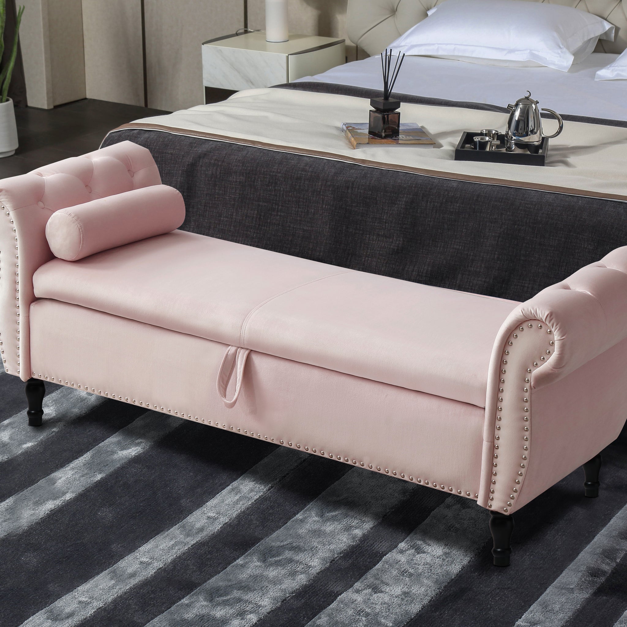 Aijia 63" Velvet Multifunctional Storage Rectangular Sofa Stool Buttons Tufted Trimmed Solid Wood Legs With 1 Pillow,Light Pink Light Pink Velvet