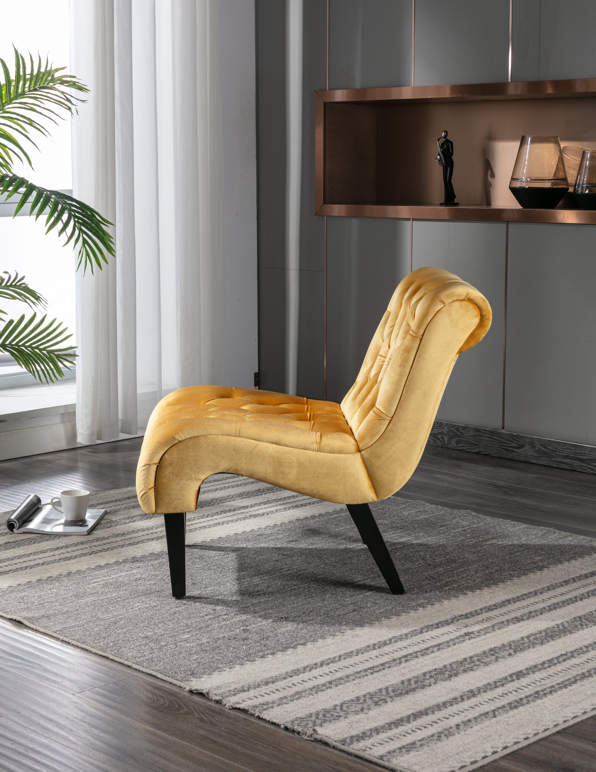 Coolmore Modern Velvet Armless Accent Living Room Chair Leisure Chair,Upholstered Fabric Button Comfortable Chair With Wooden Legs For Bedroom, Living Room, Office Mustard Velvet Mustard Primary Living Space Foam Velvet