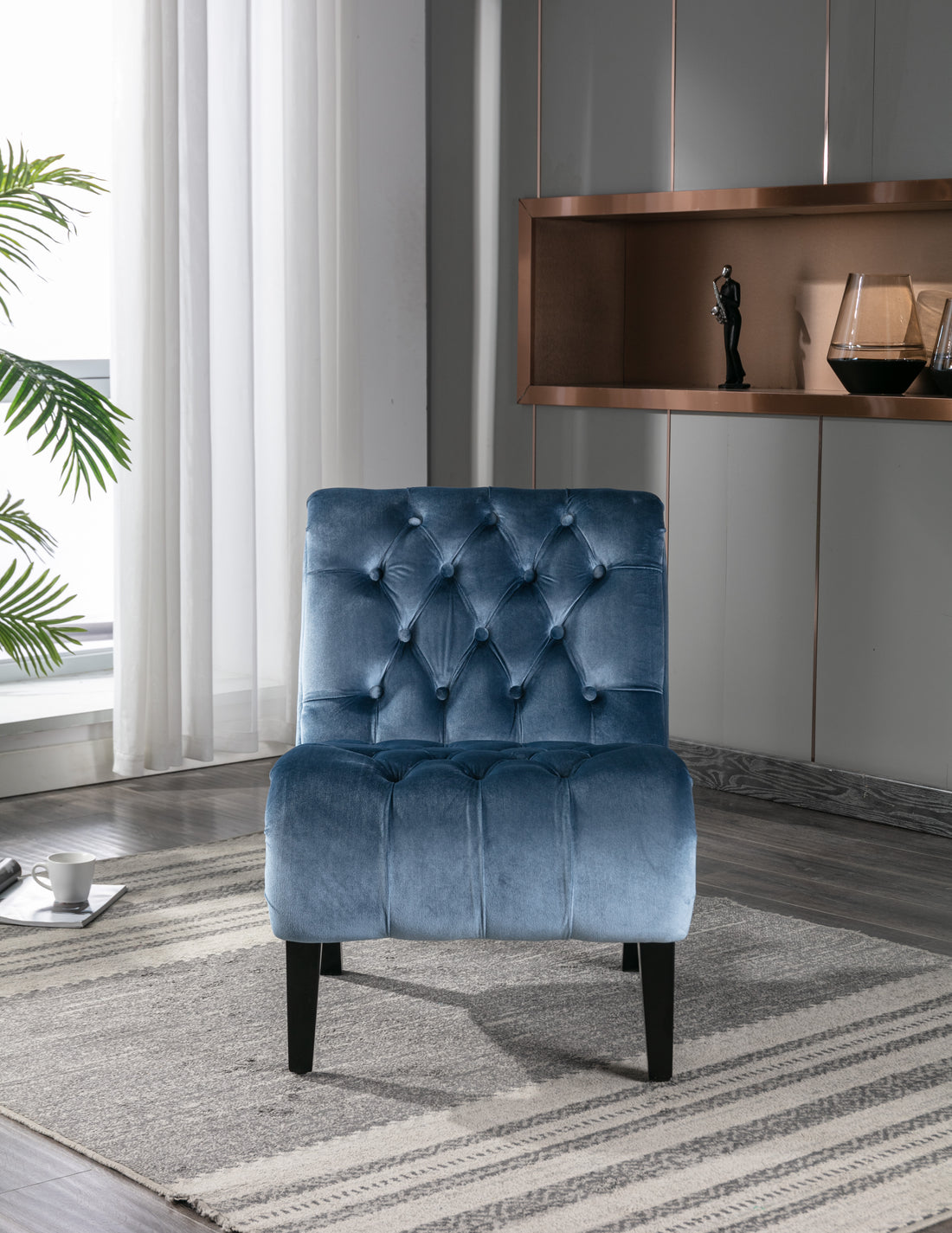 Coolmore Modern Velvet Armless Accent Living Room Chair Leisure Chair,Upholstered Fabric Button Comfortable Chair With Wooden Legs For Bedroom, Living Room, Office Light Blue Velvet Light Blue Foam Velvet