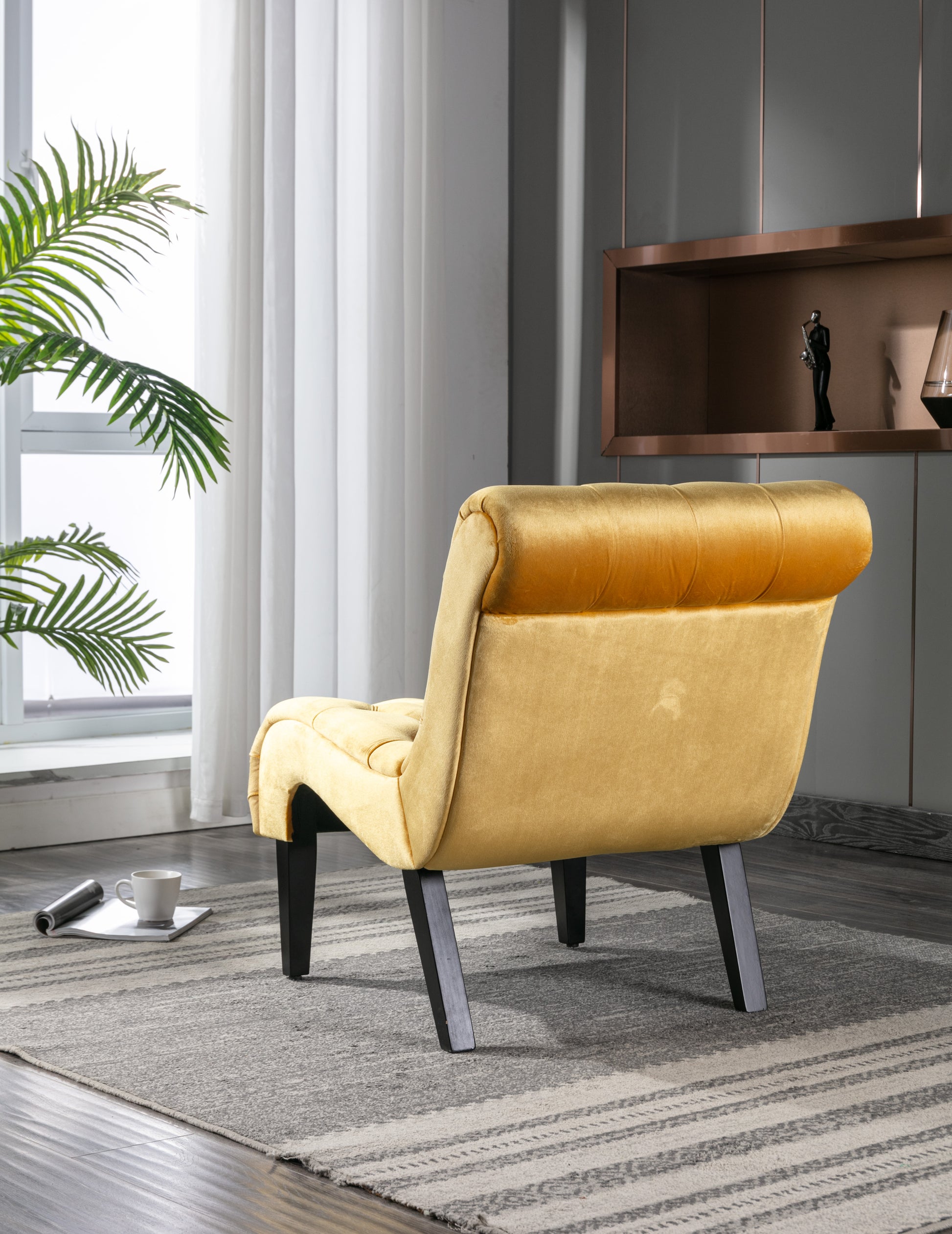 Coolmore Modern Velvet Armless Accent Living Room Chair Leisure Chair,Upholstered Fabric Button Comfortable Chair With Wooden Legs For Bedroom, Living Room, Office Mustard Velvet Mustard Primary Living Space Foam Velvet