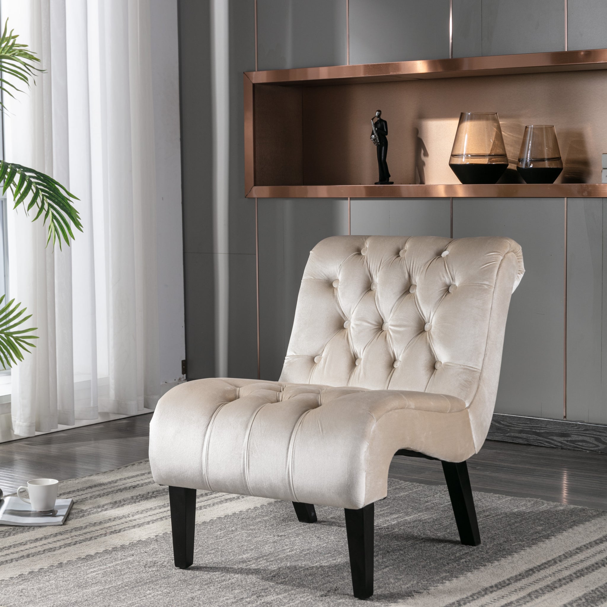 Coolmore Modern Velvet Armless Accent Living Room Chair Leisure Chair,Upholstered Fabric Button Comfortable Chair With Wooden Legs For Bedroom, Living Room, Office Beige Velvet Beige Foam Velvet