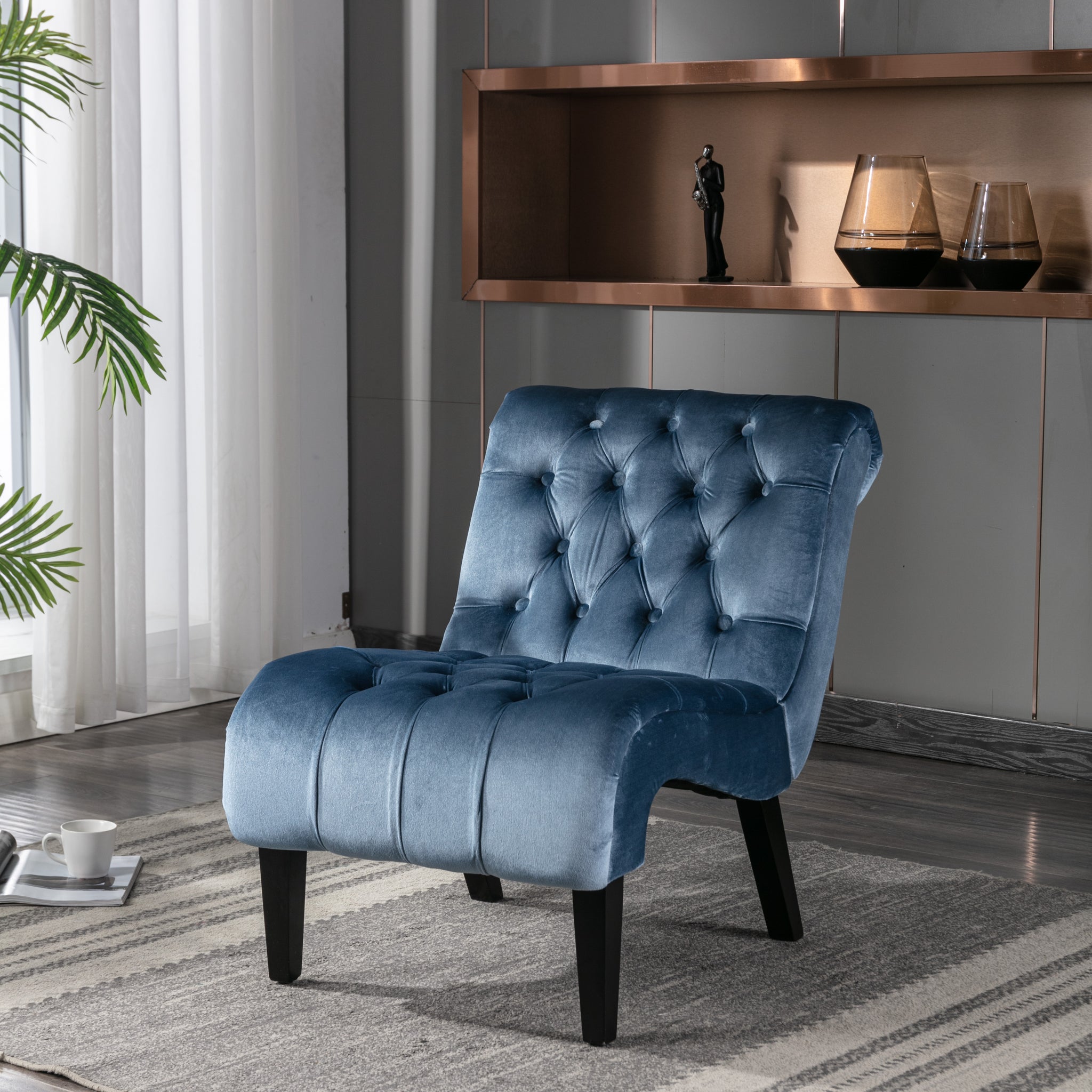 Coolmore Modern Velvet Armless Accent Living Room Chair Leisure Chair,Upholstered Fabric Button Comfortable Chair With Wooden Legs For Bedroom, Living Room, Office Light Blue Velvet Light Blue Foam Velvet