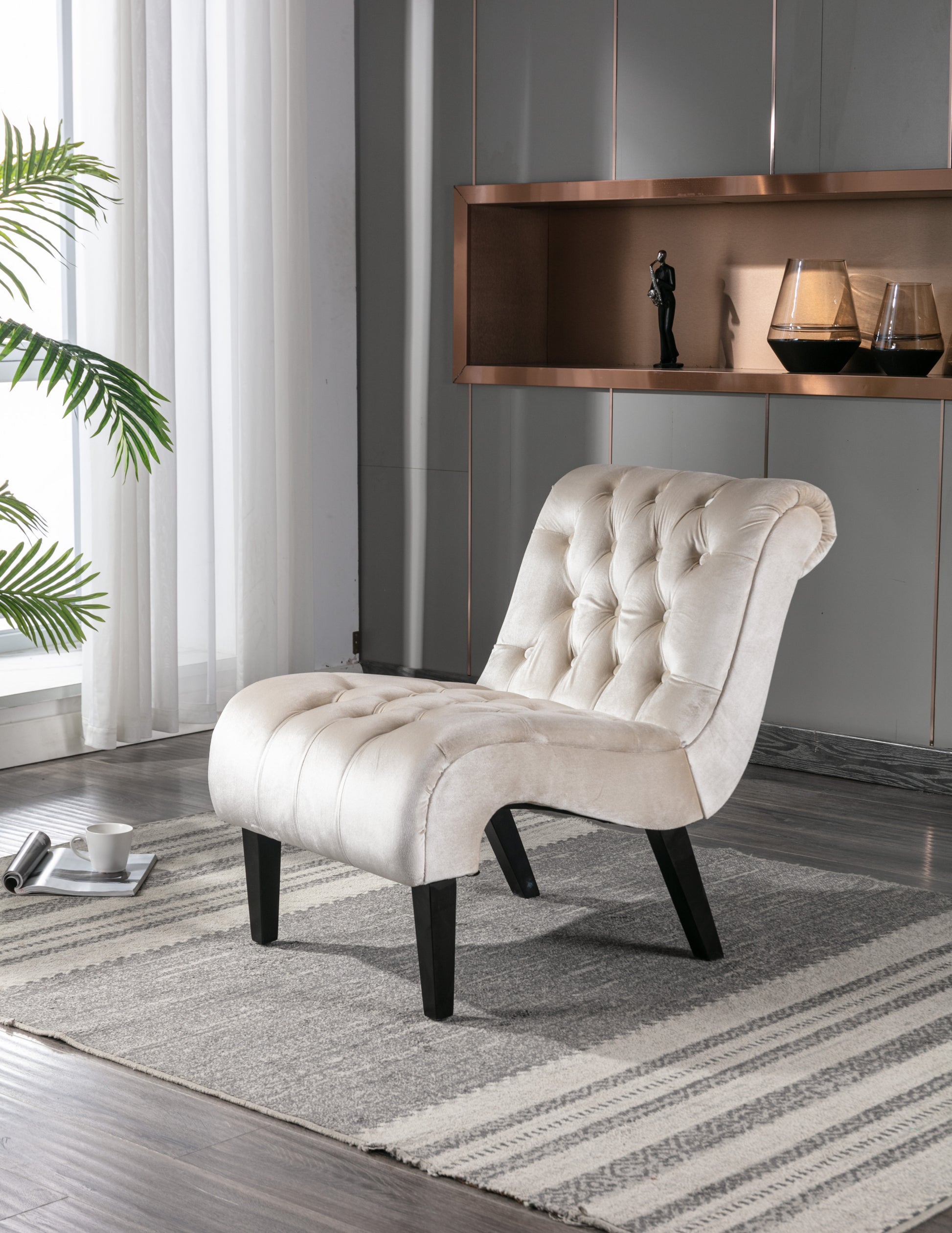 Coolmore Modern Velvet Armless Accent Living Room Chair Leisure Chair,Upholstered Fabric Button Comfortable Chair With Wooden Legs For Bedroom, Living Room, Office Beige Velvet Beige Foam Velvet
