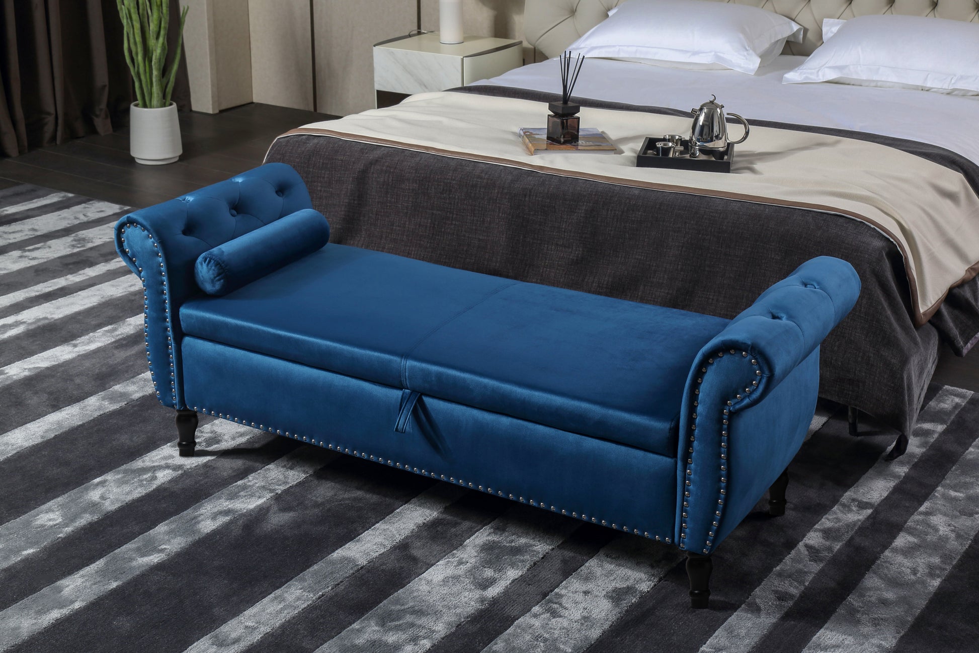 Aijia 63" Velvet Multifunctional Storage Bench Rectangular Sofa Stool Buttons Tufted Trimmed Ottoman Solid Wood Legs With 1 Pillow,Blue Blue Velvet