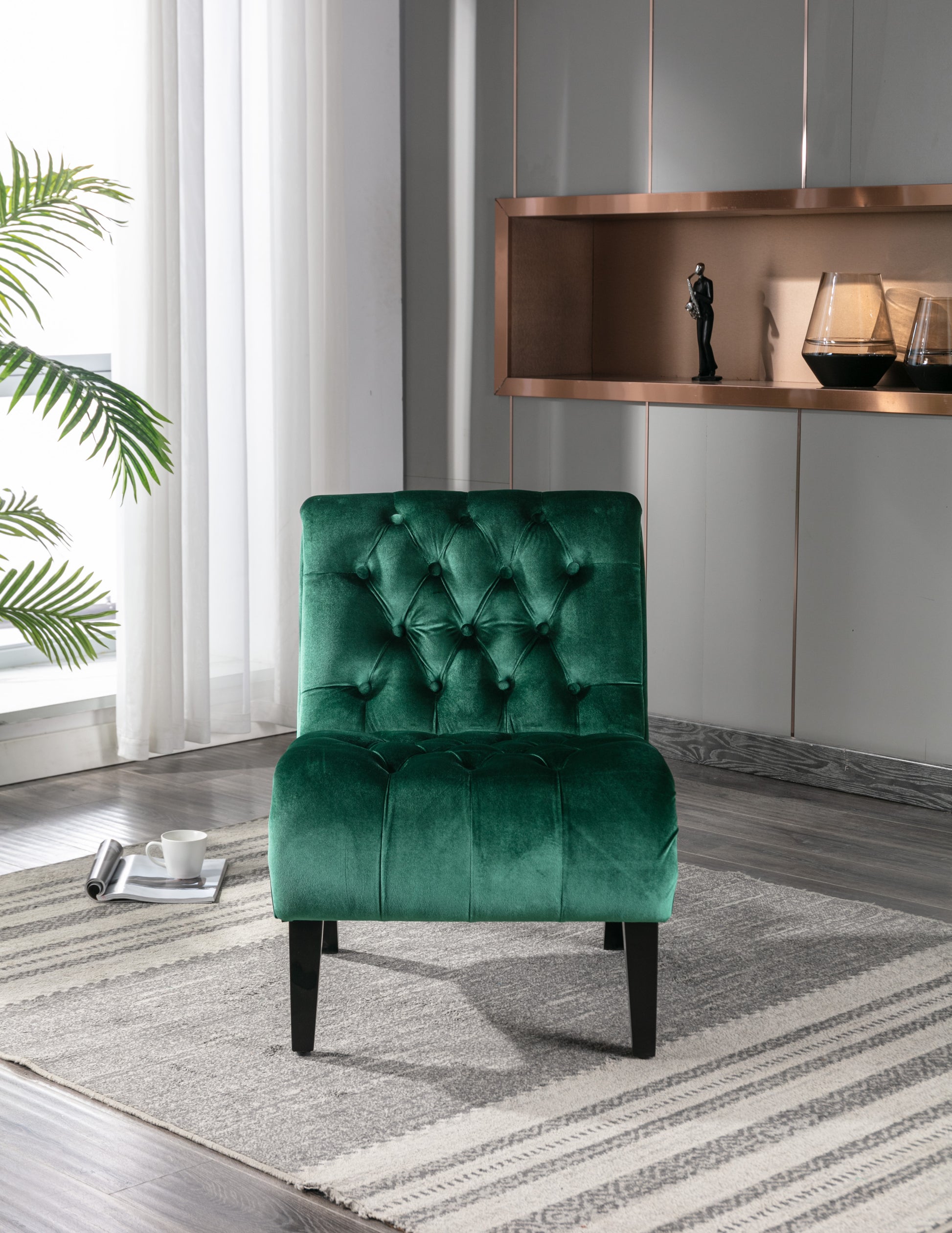 Coolmore Modern Velvet Armless Accent Living Room Chair Leisure Chair,Upholstered Fabric Button Comfortable Chair With Wooden Legs For Bedroom, Living Room, Office Green Velvet Green Primary Living Space Foam Velvet