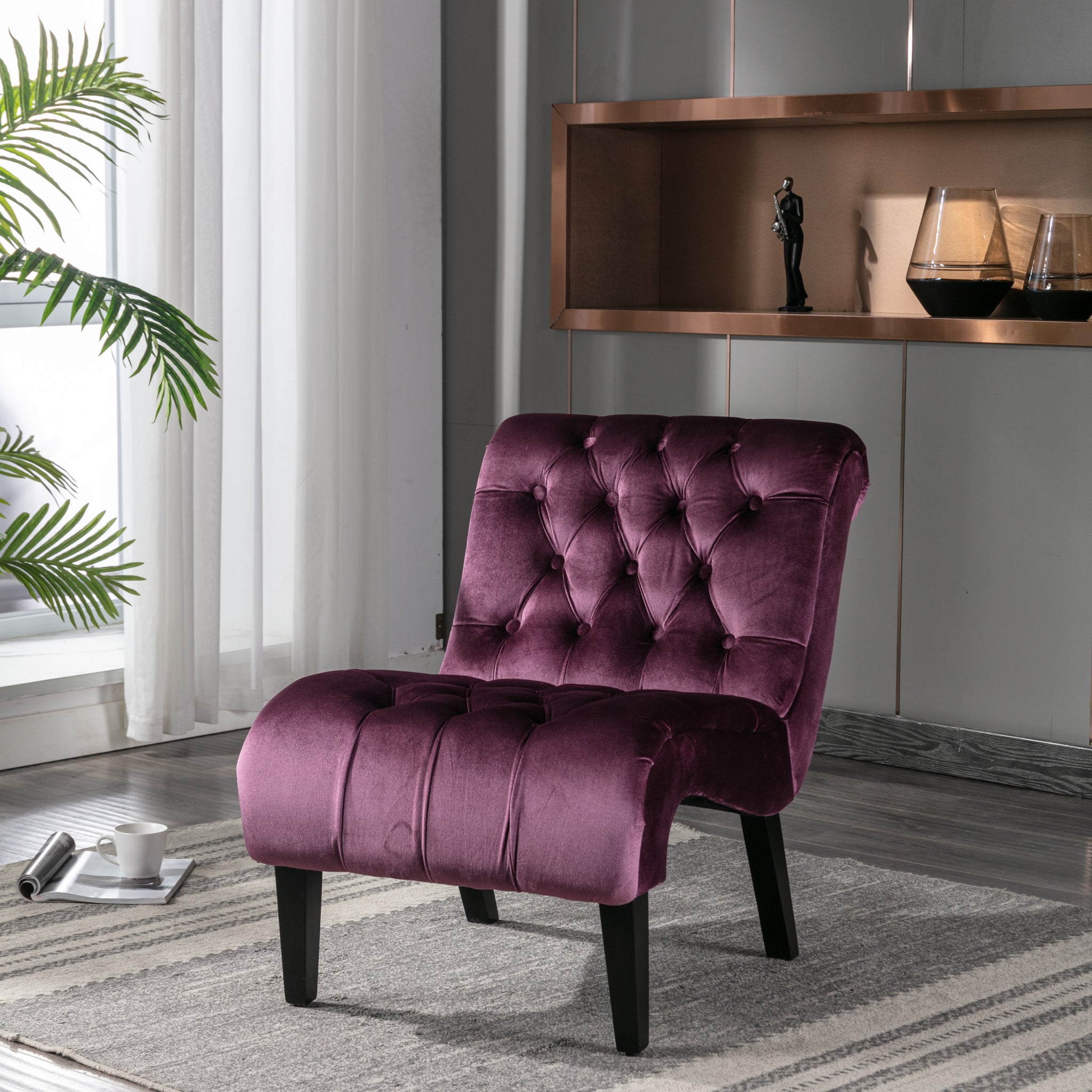 Coolmore Modern Velvet Armless Accent Living Room Chair Leisure Chair,Upholstered Fabric Button Comfortable Chair With Wooden Legs For Bedroom, Living Room, Office Purple Velvet Purple Primary Living Space Foam Velvet