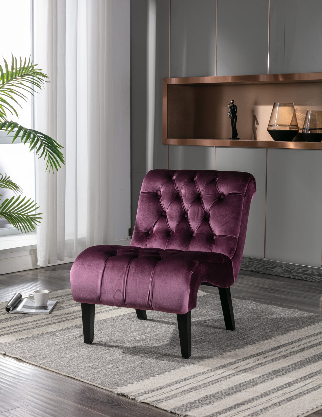 Coolmore Modern Velvet Armless Accent Living Room Chair Leisure Chair,Upholstered Fabric Button Comfortable Chair With Wooden Legs For Bedroom, Living Room, Office Purple Velvet Purple Primary Living Space Foam Velvet