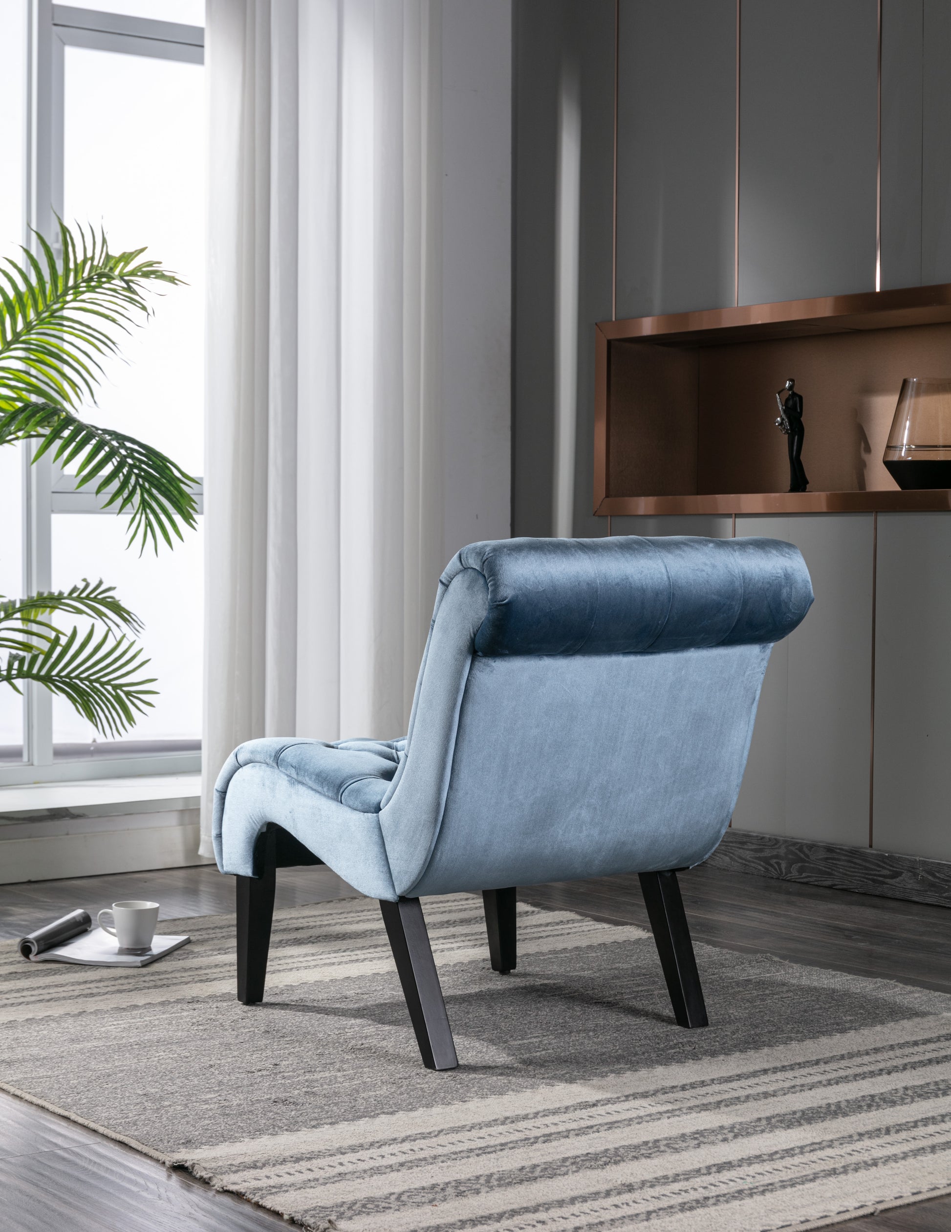 Coolmore Modern Velvet Armless Accent Living Room Chair Leisure Chair,Upholstered Fabric Button Comfortable Chair With Wooden Legs For Bedroom, Living Room, Office Light Blue Velvet Light Blue Foam Velvet