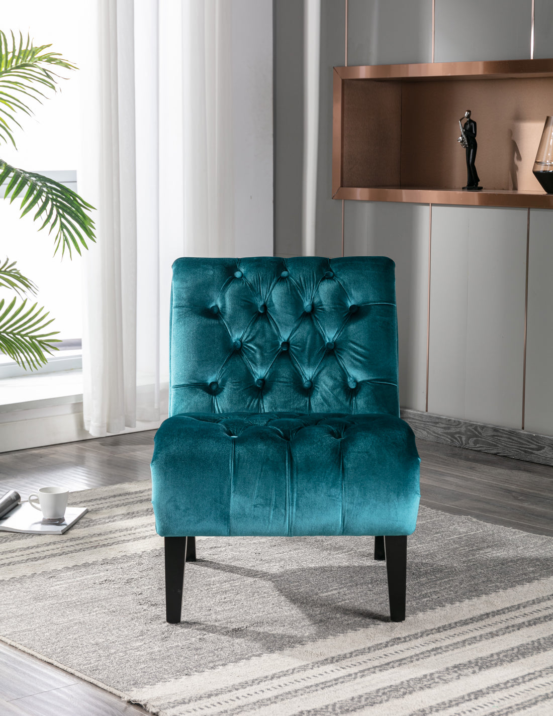 Coolmore Modern Velvet Armless Accent Living Room Chair Leisure Chair,Upholstered Fabric Button Comfortable Chair With Wooden Legs For Bedroom, Living Room, Office Teal Velvet Teal Primary Living Space Foam Velvet