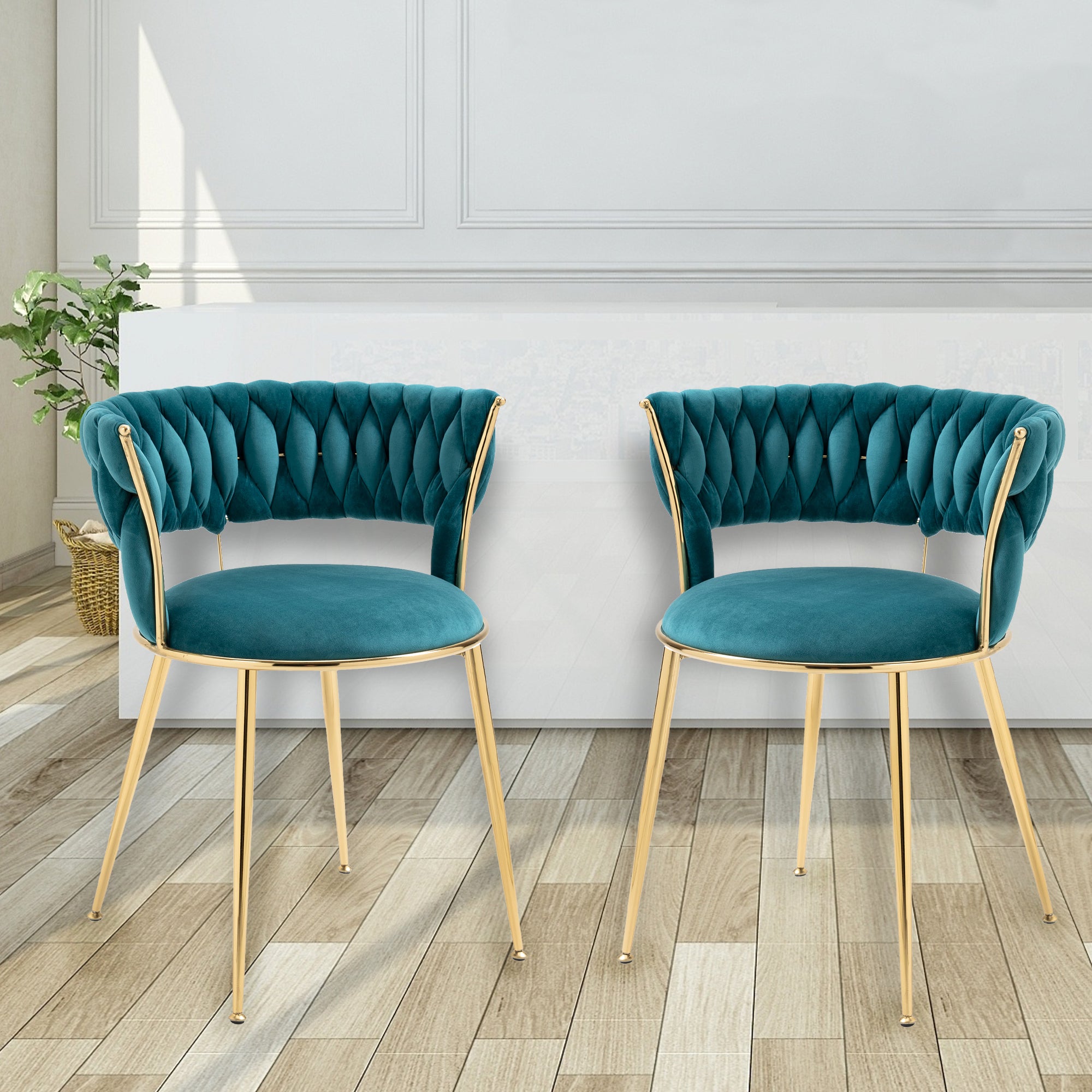 Coolmore Velvet Dining Chairs Set Of 2, Woven Upholstered Dining Chairs With Gold Metal Legs, Modern Accent Chairs For Living Room, Dining Room, Kitchen Teal Velvet Teal Foam Velvet