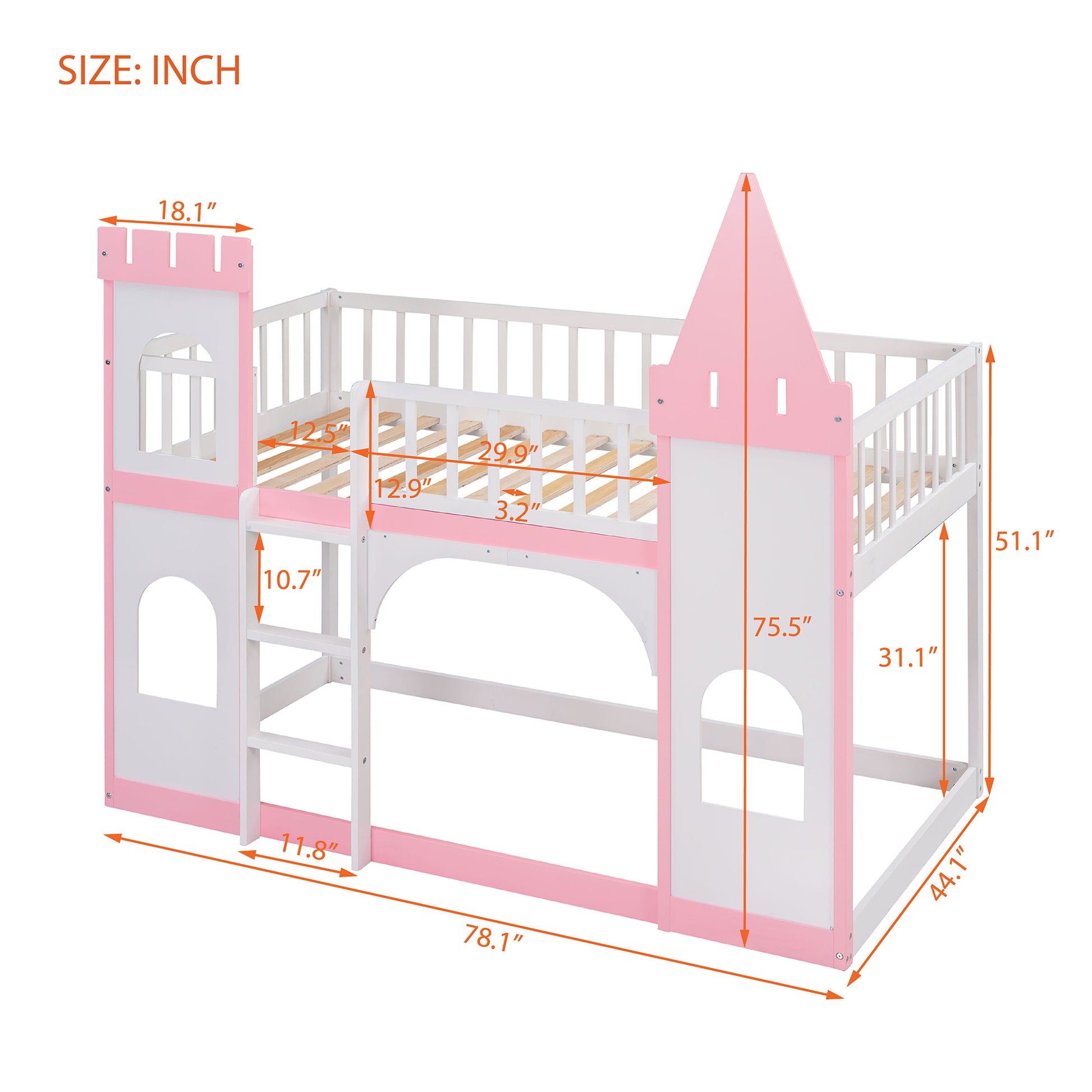 Twin Over Twin Castle Bunk Bed With Ladder Pink Pink Solid Wood