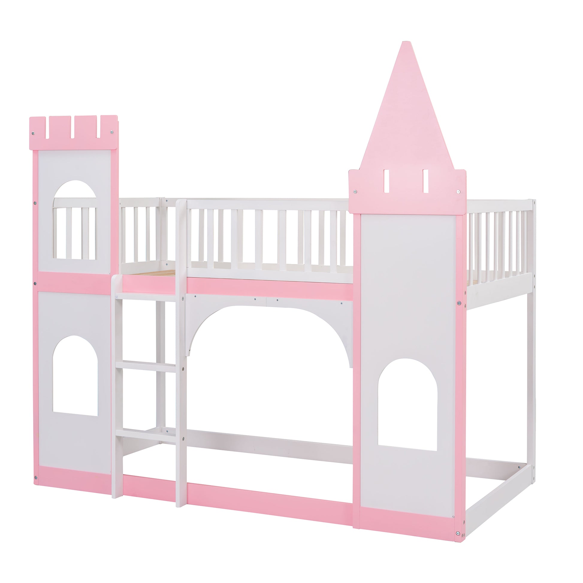 Twin Over Twin Castle Bunk Bed With Ladder Pink Pink Solid Wood