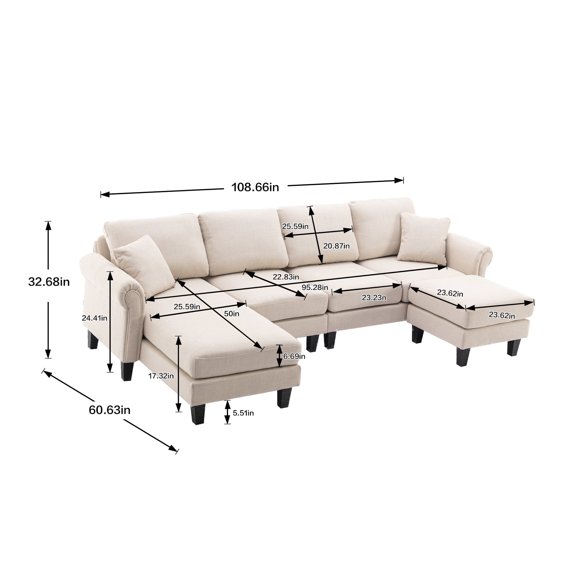 Coolmore Accent Sofa Living Room Sofa Sectional Sofa, U Shape Sectional Sofa With Ottoman, Reversible Sofa Couch For Living Room Beige Linen Beige Foam Linen 4 Seat