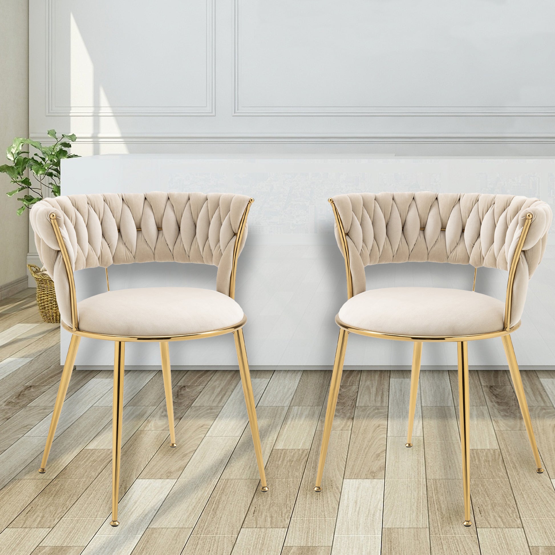 Coolmore Velvet Dining Chairs Set Of 2, Woven Upholstered Dining Chairs With Gold Metal Legs, Modern Accent Chairs For Living Room, Dining Room, Kitchen Ivory Velvet Ivory Foam Velvet