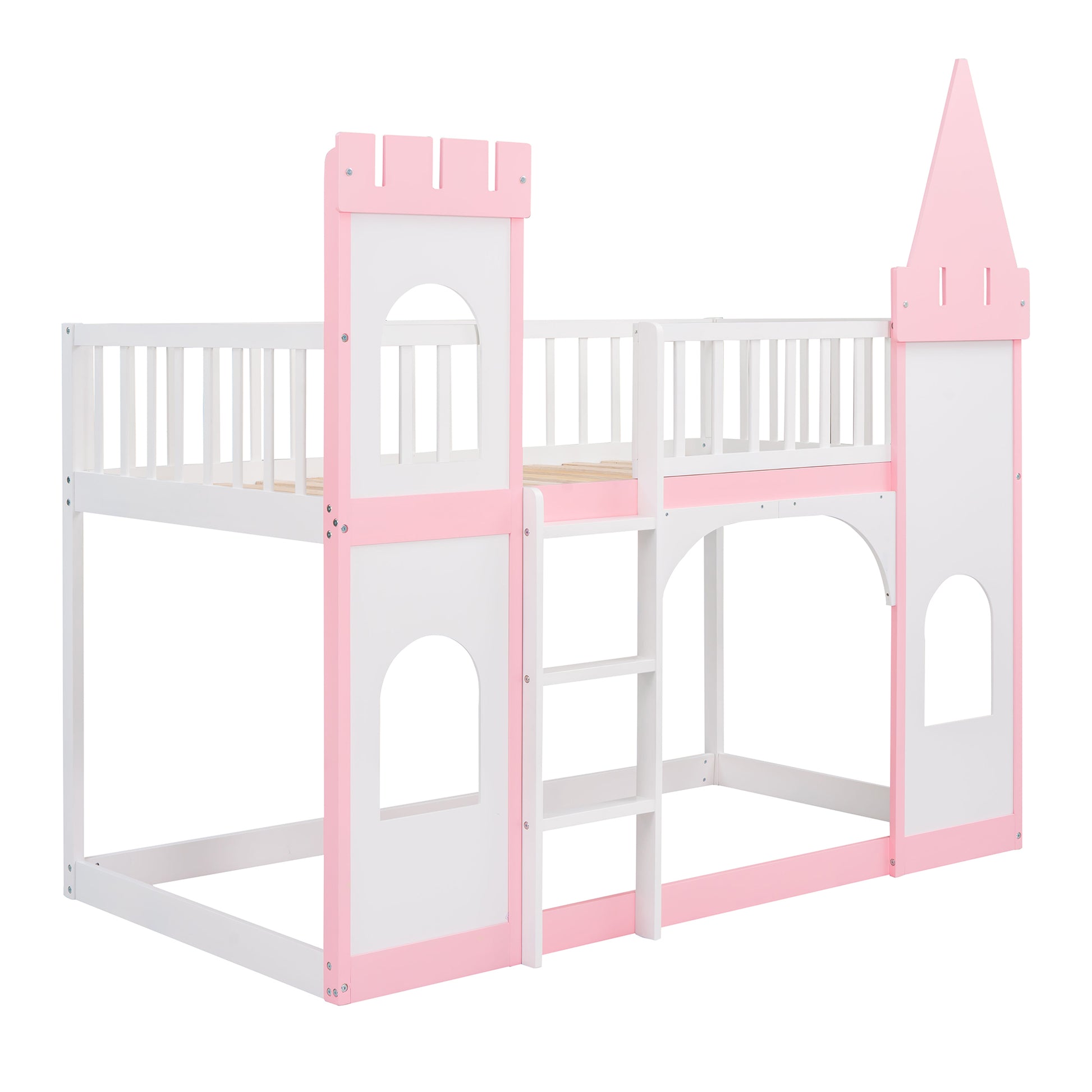 Twin Over Twin Castle Bunk Bed With Ladder Pink Pink Solid Wood