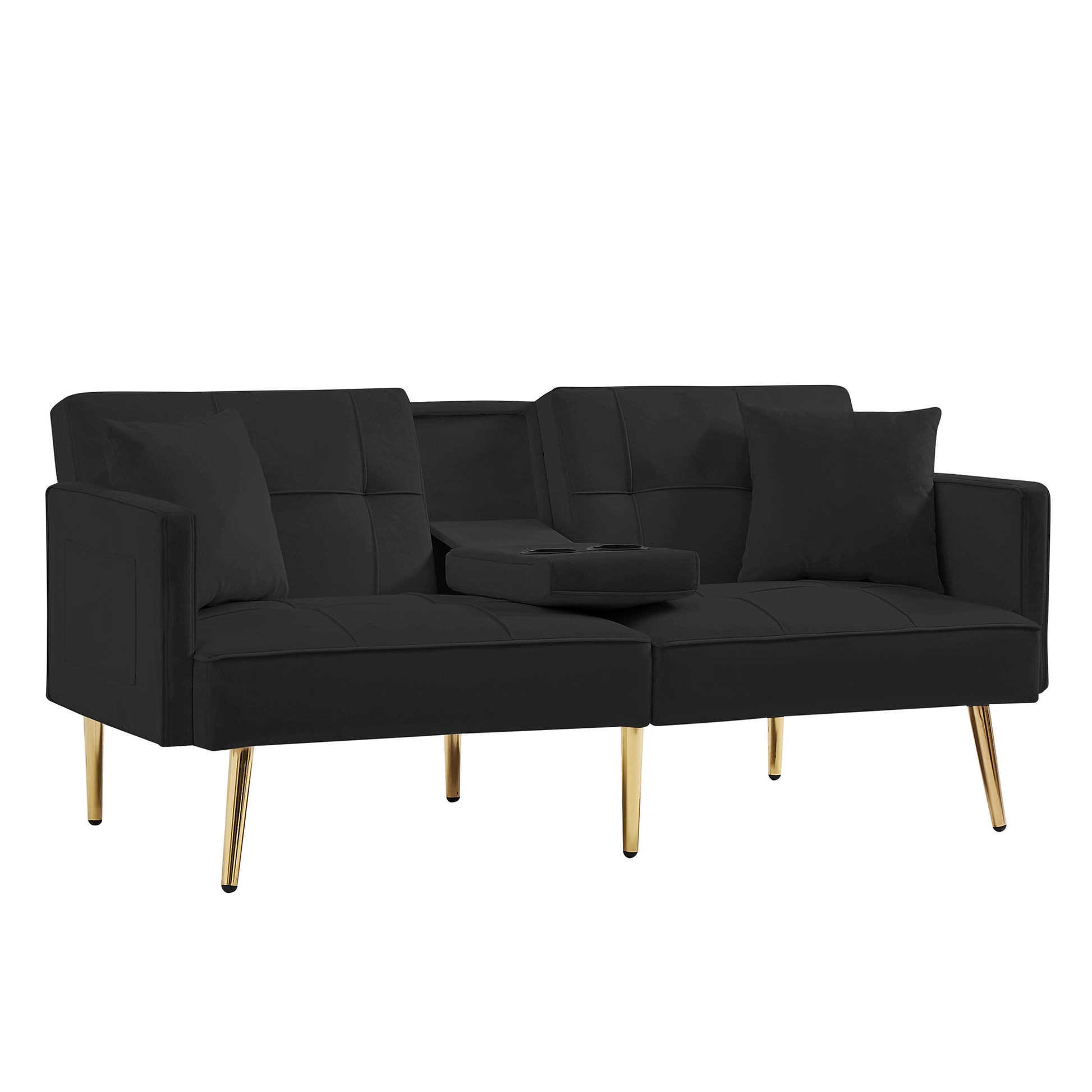 Black Velvet Futon Sofa Bed With Gold Metal Legs Black Velvet Wood Tufted Back Eucalyptus Square Arms Foam Velvet 2 Seat