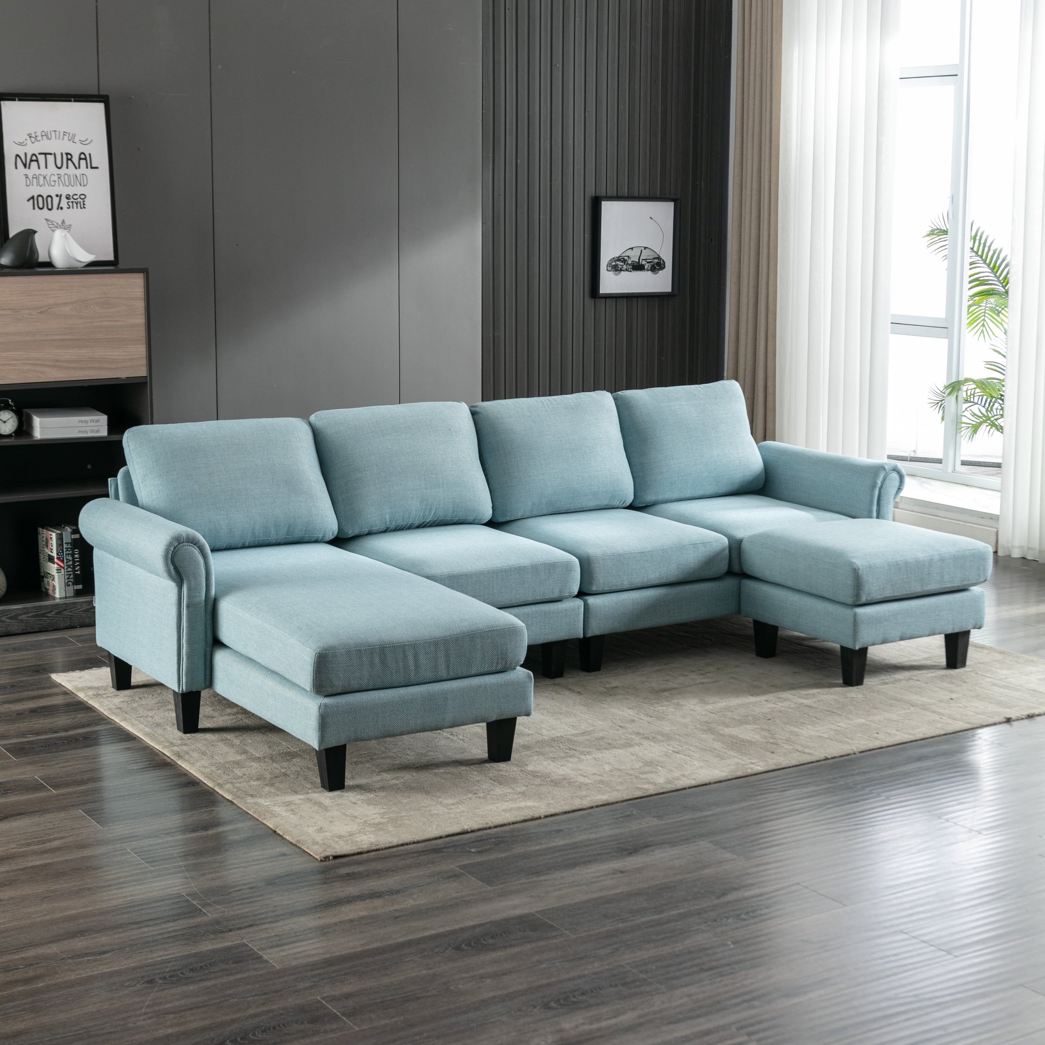 Coolmore Accent Sofa Living Room Sofa Sectional Sofa, U Shape Sectional Sofa With Ottoman, Reversible Sofa Couch For Living Room Light Blue Linen Light Blue Foam Linen 4 Seat