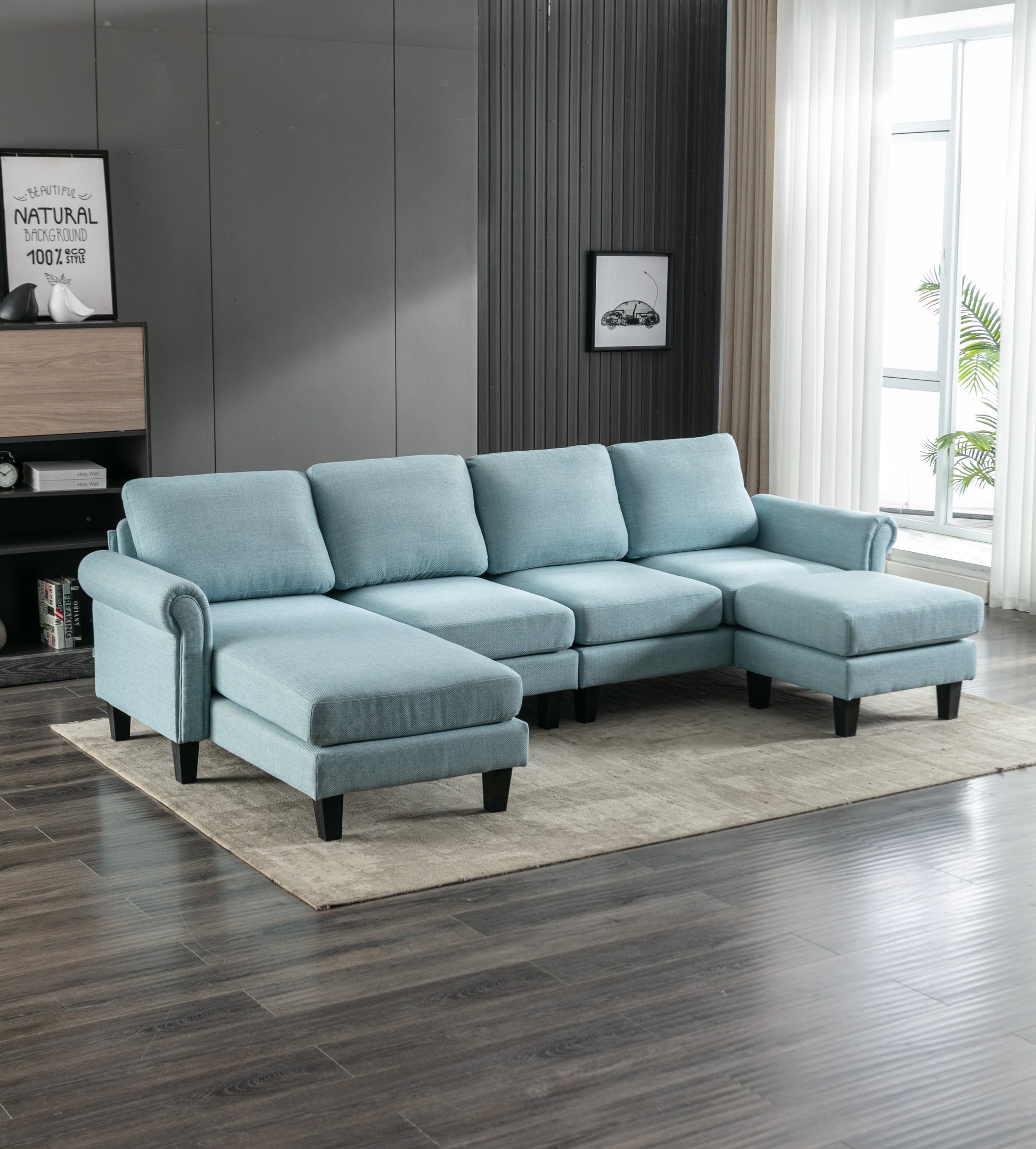 Coolmore Accent Sofa Living Room Sofa Sectional Sofa, U Shape Sectional Sofa With Ottoman, Reversible Sofa Couch For Living Room Light Blue Linen Light Blue Foam Linen 4 Seat