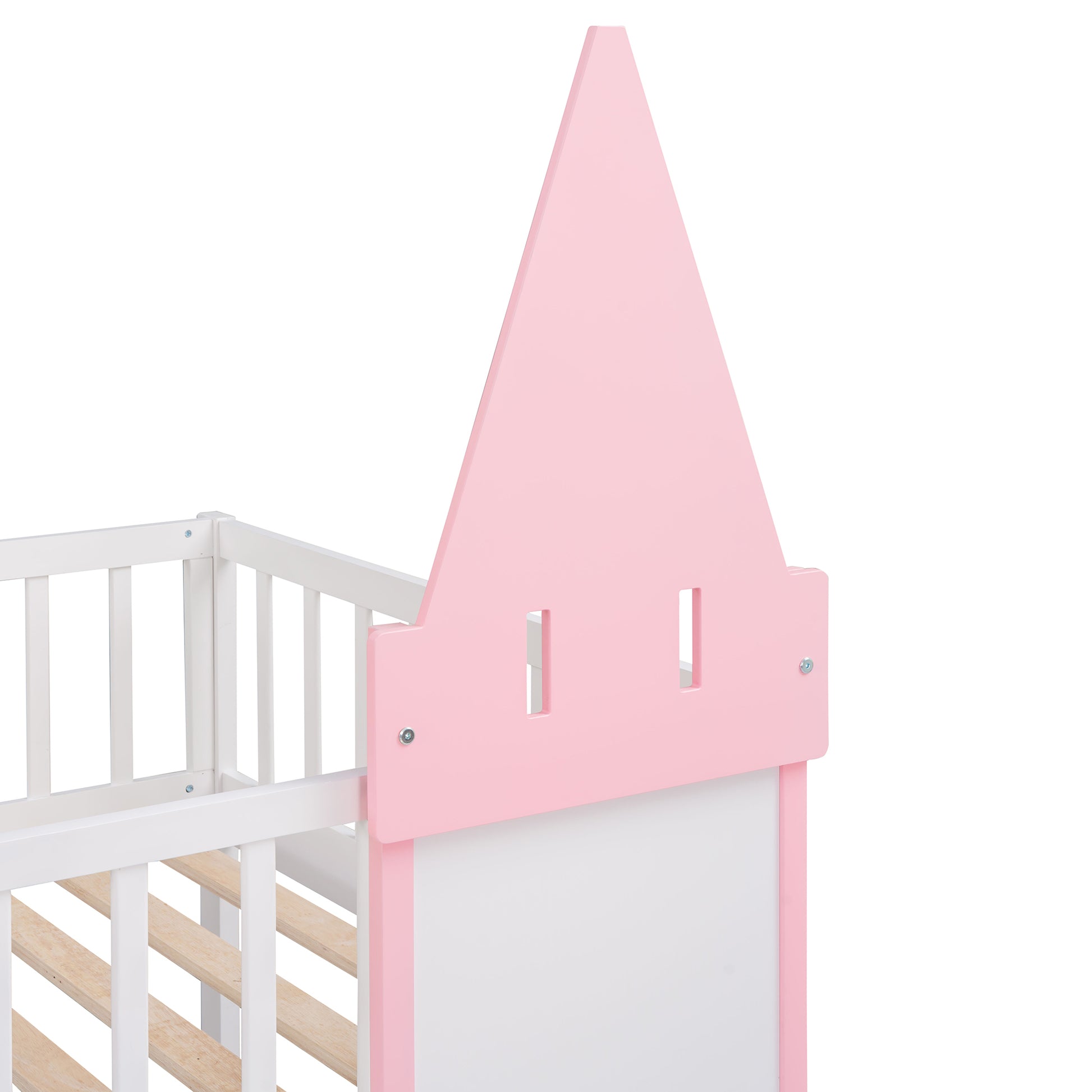 Twin Over Twin Castle Bunk Bed With Ladder Pink Pink Solid Wood