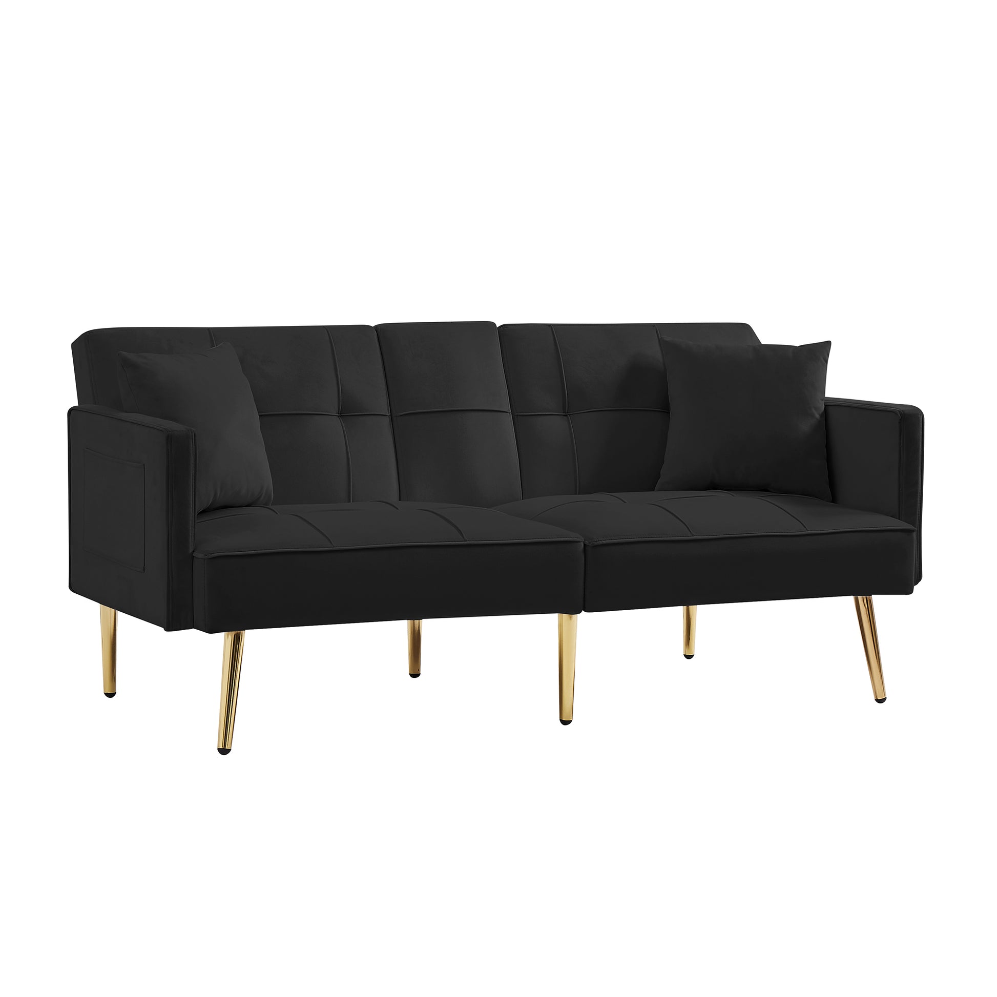 Black Velvet Futon Sofa Bed With Gold Metal Legs Black Velvet Wood Tufted Back Eucalyptus Square Arms Foam Velvet 2 Seat