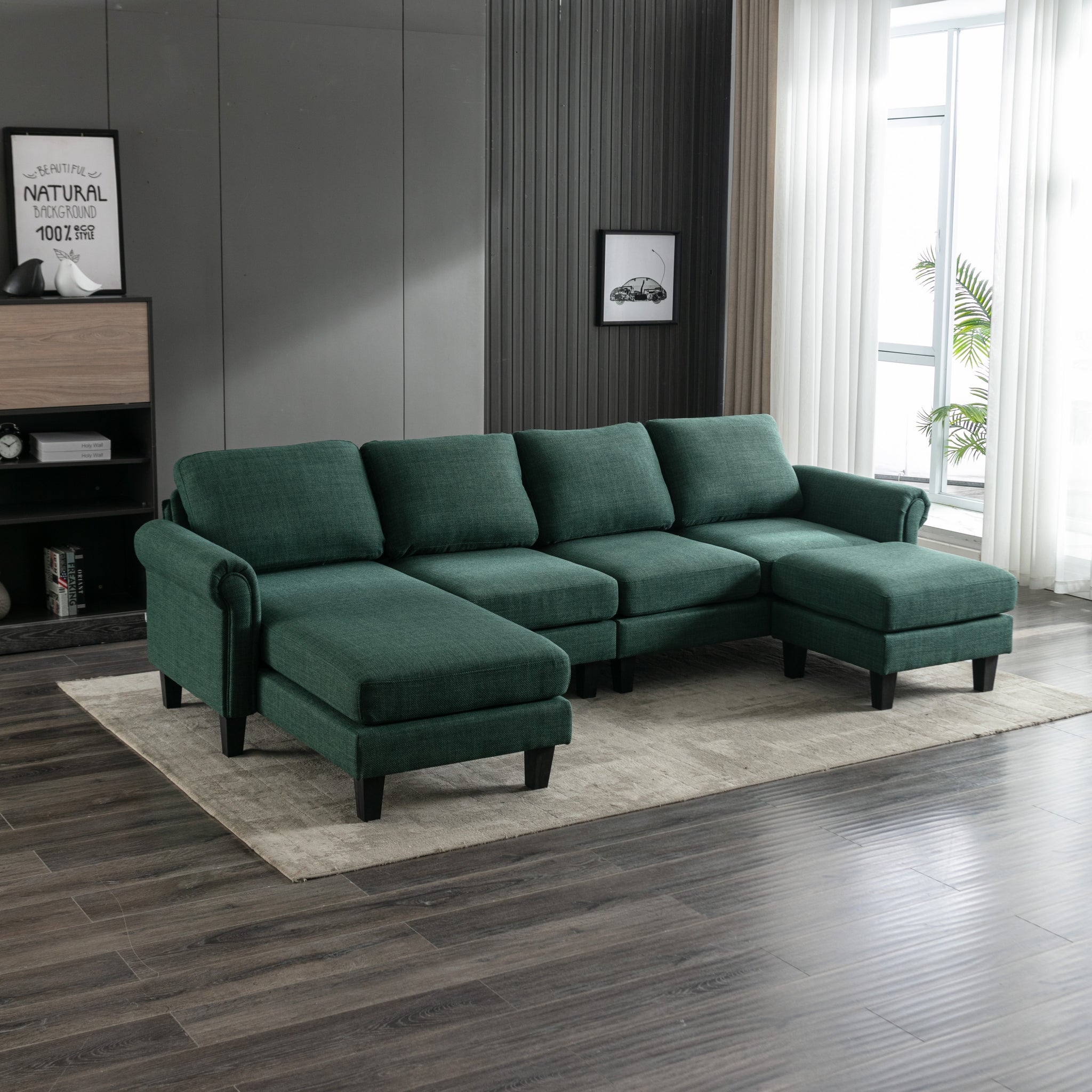 Coolmore Accent Sofa Living Room Sofa Sectional Sofa, U Shape Sectional Sofa With Ottoman, Reversible Sofa Couch For Living Room Emerald Linen Emerald Foam Linen 4 Seat