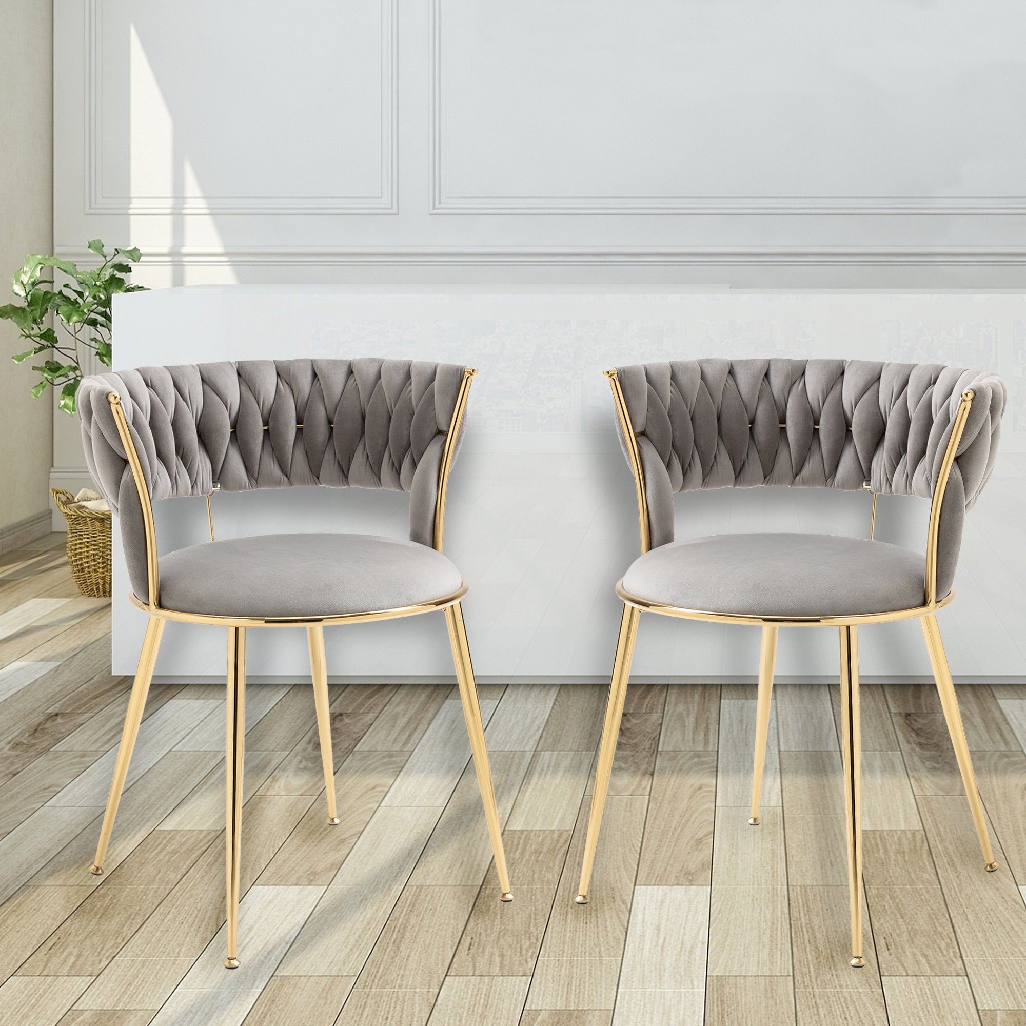 Coolmore Velvet Dining Chairs Set Of 2, Woven Upholstered Dining Chairs With Gold Metal Legs, Modern Accent Chairs For Living Room, Dining Room, Kitchen Grey Velvet Grey Foam Velvet