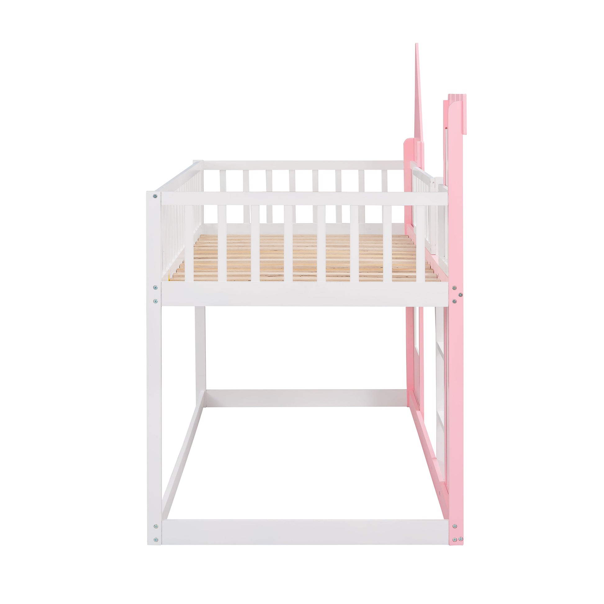 Twin Over Twin Castle Bunk Bed With Ladder Pink Pink Solid Wood