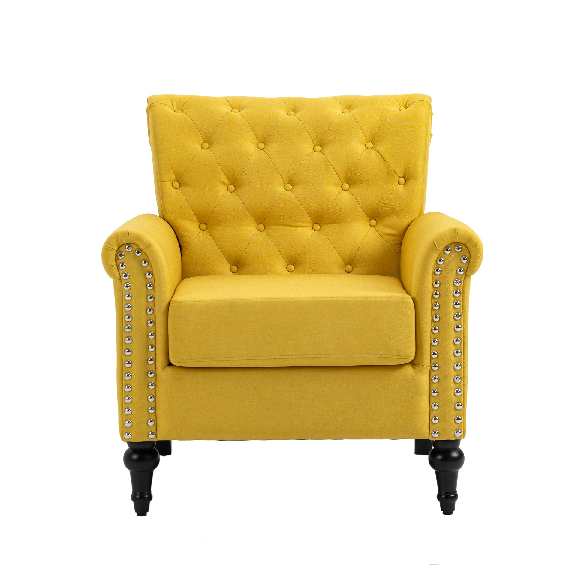 Mid Century Modern Accent Chair, Linen Armchair W Tufted Back Wood Legs, Upholstered Lounge Arm Chair Single Sofa For Living Room Bedroom, Yellow Yellow Foam Linen