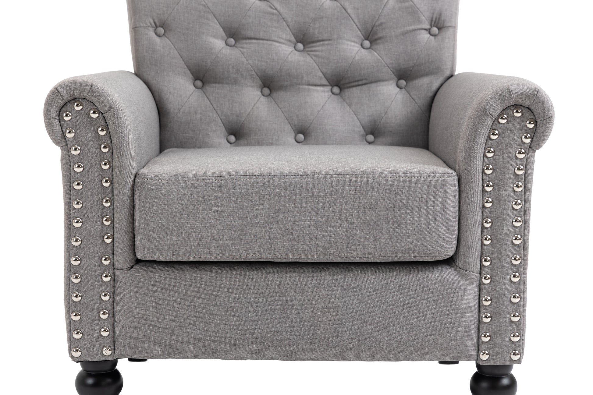 Mid Century Modern Accent Chair, Linen Armchair W Tufted Back Wood Legs, Upholstered Lounge Arm Chair Single Sofa For Living Room Bedroom, Light Grey Light Gray Foam Linen