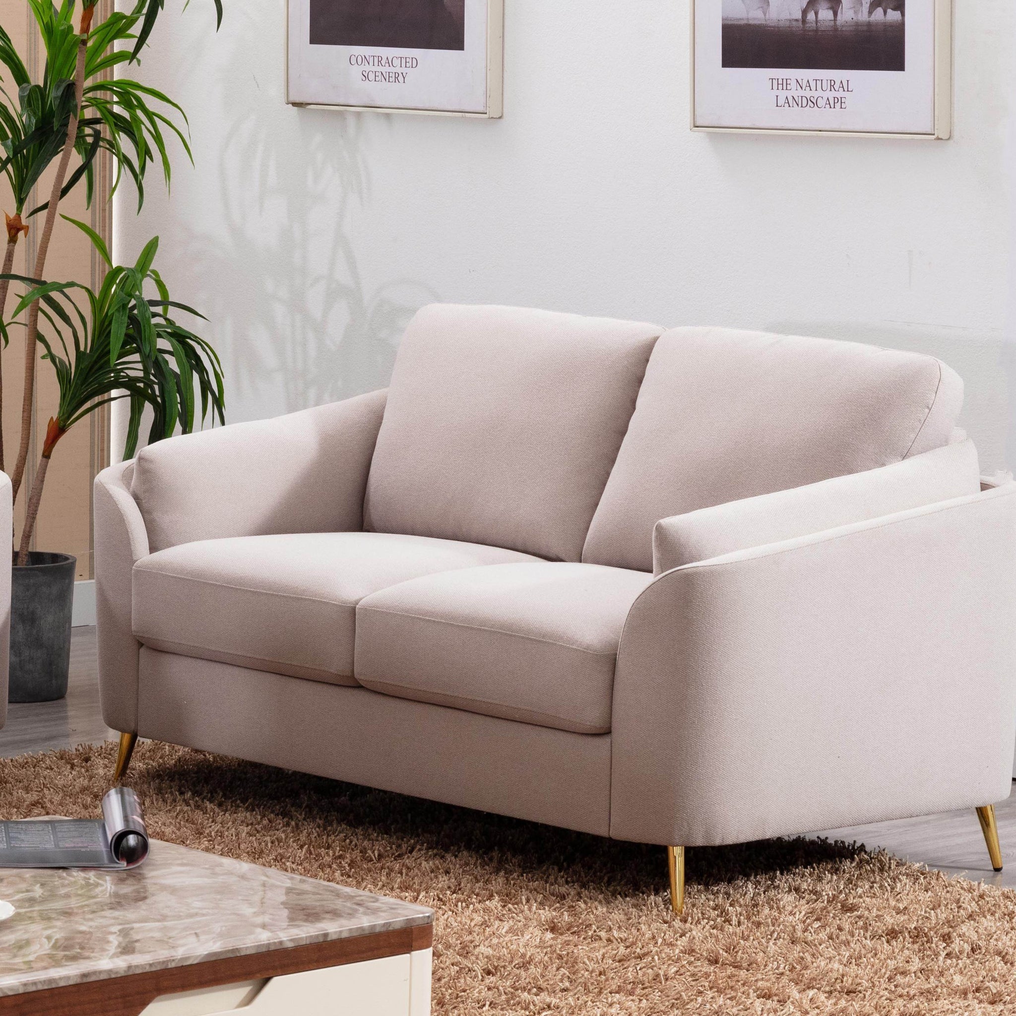 Contemporary 1Pc Loveseat Beige Color With Gold Metal Legs Plywood Pocket Springs And Foam Casual Living Room Furniture Beige Primary Living Space Mid Century Modern,Modern Plywood