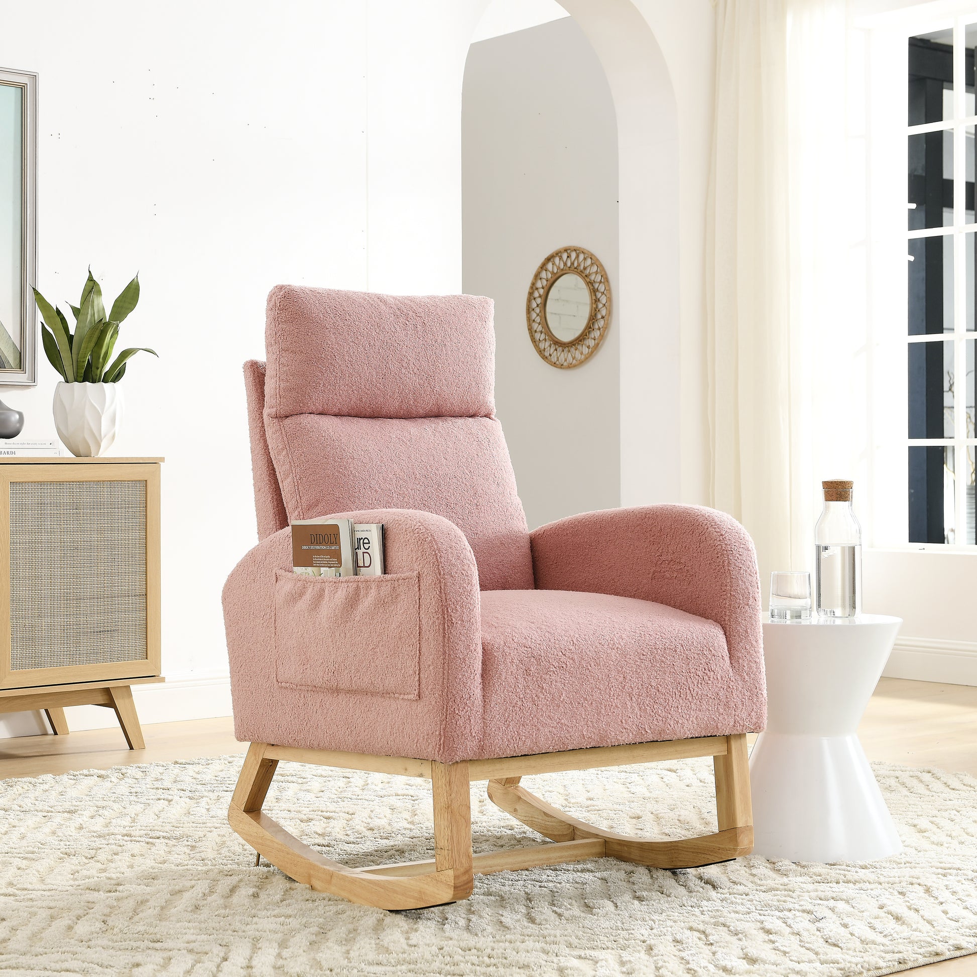 Video Welike 27.6"W Modern Accent High Backrest Living Room Lounge Arm Rocking Chair, Two Side Pocket W83453340 Pink Teddy Foam Fabric