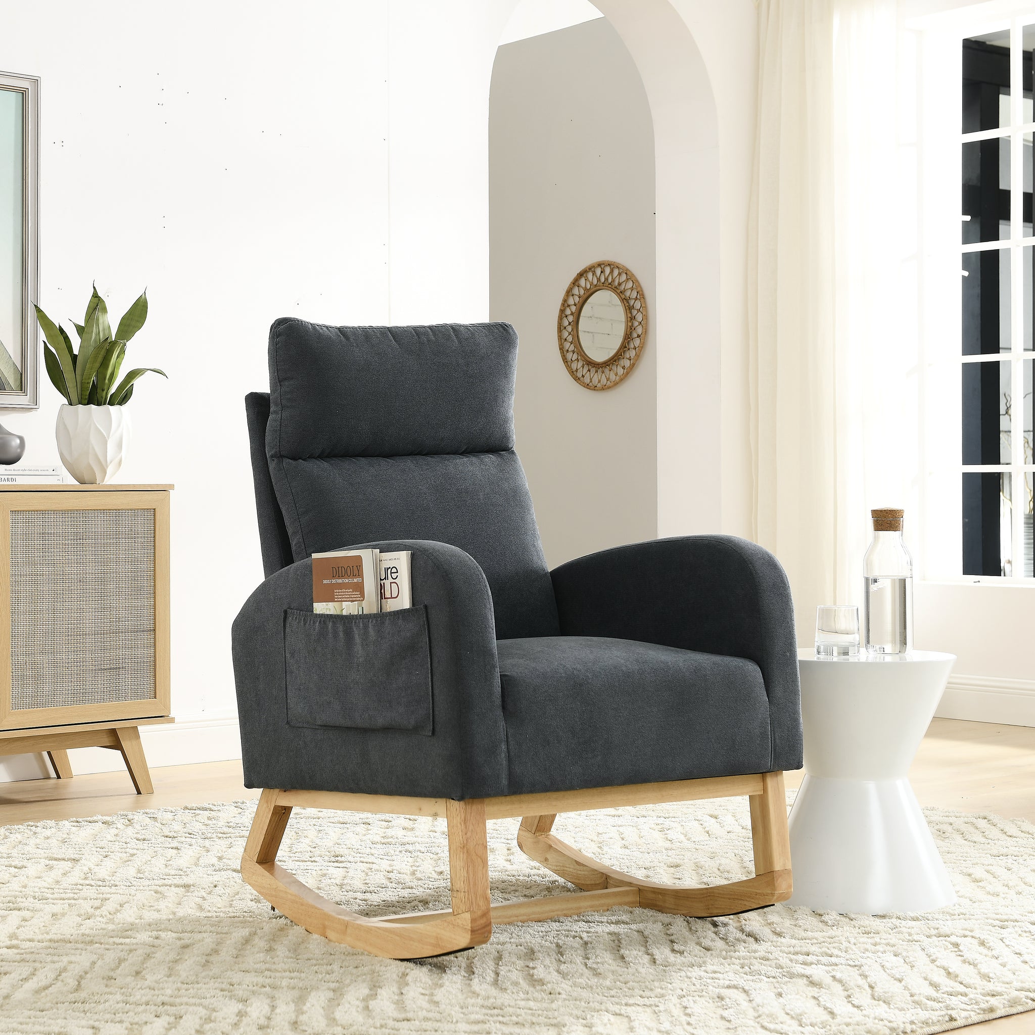 Video Welike 27.6"W Modern Accent High Backrest Living Room Lounge Arm Rocking Chair, Two Side Pocket W83453347 Dark Grey Foam Fabric