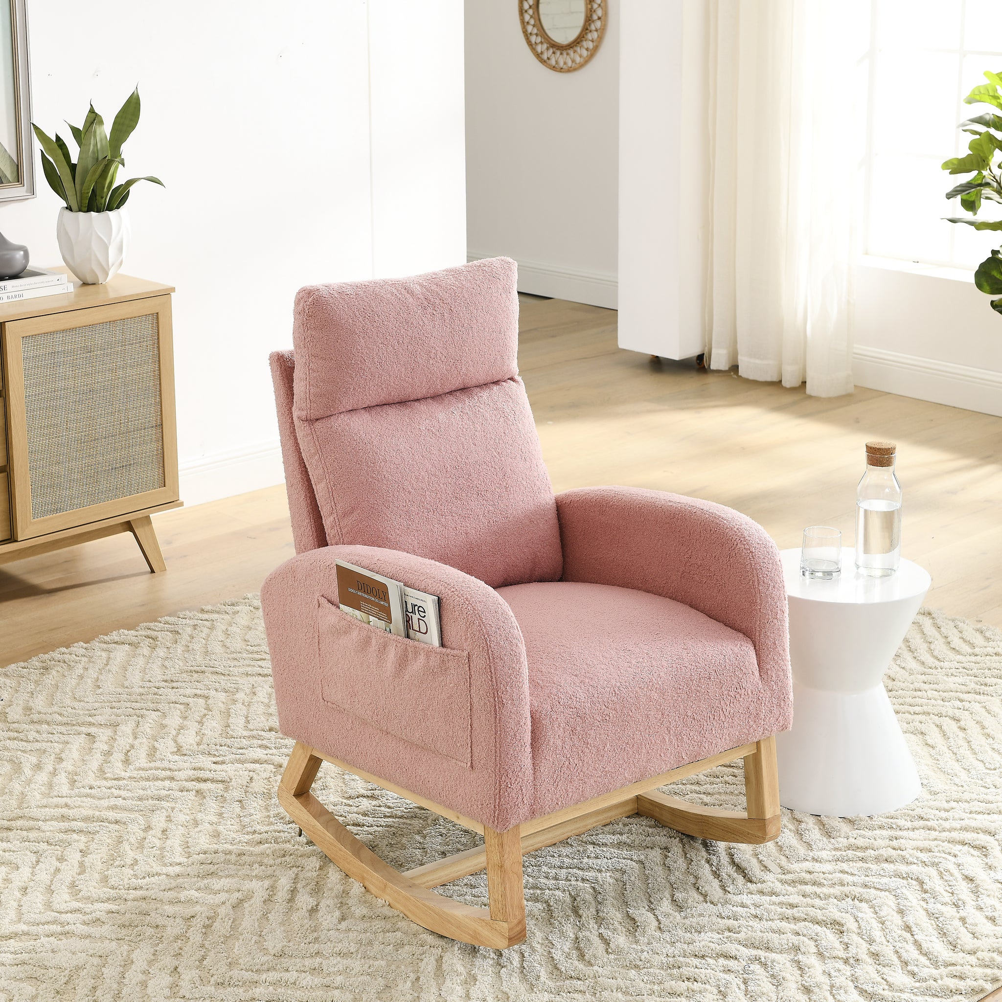 Video Welike 27.6"W Modern Accent High Backrest Living Room Lounge Arm Rocking Chair, Two Side Pocket W83453340 Pink Teddy Foam Fabric