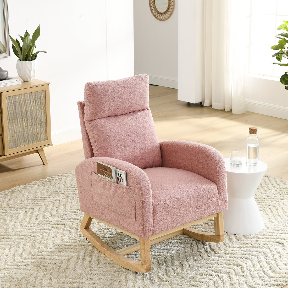 Video Welike 27.6"W Modern Accent High Backrest Living Room Lounge Arm Rocking Chair, Two Side Pocket W83453340 Pink Teddy Foam Fabric