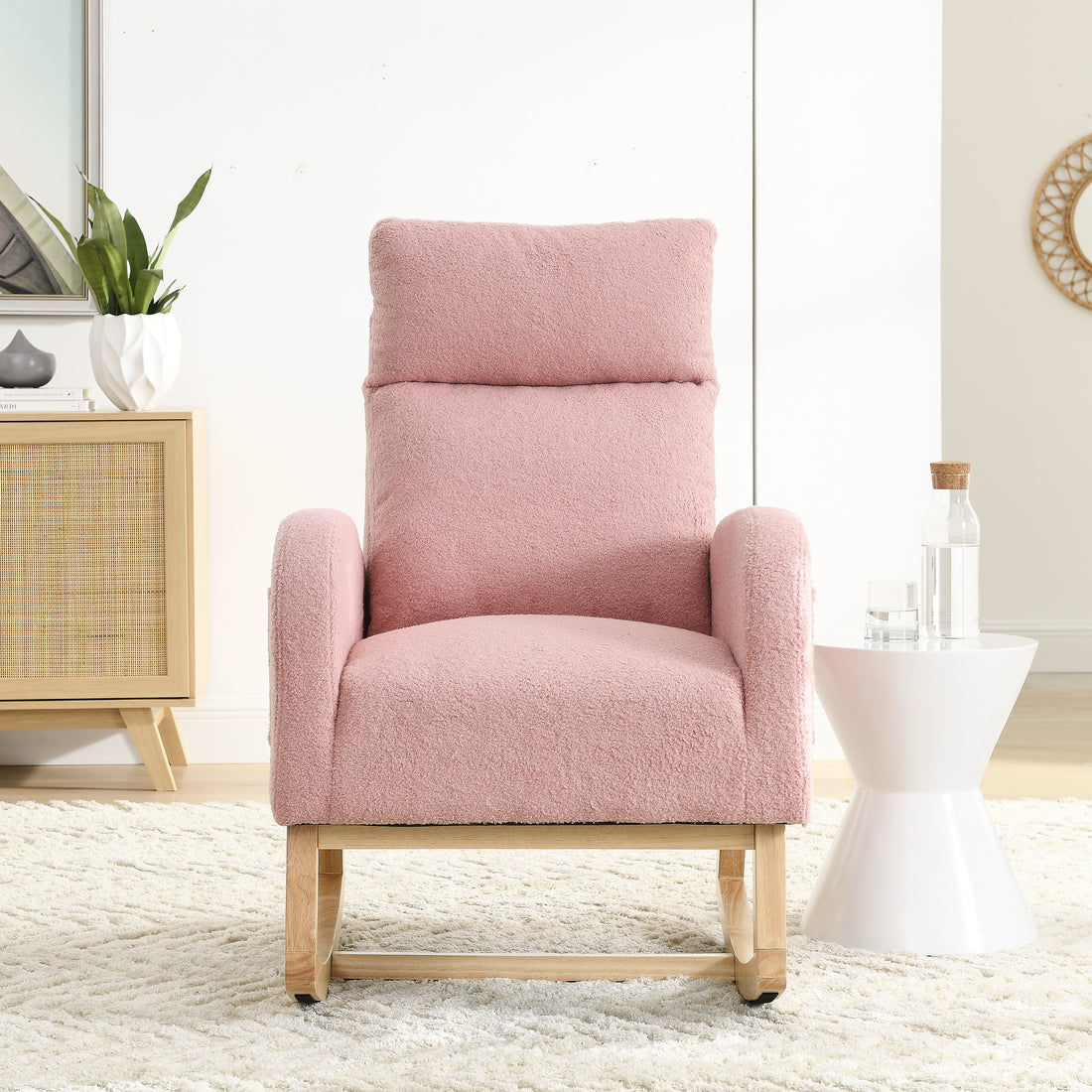 Video Welike 27.6"W Modern Accent High Backrest Living Room Lounge Arm Rocking Chair, Two Side Pocket W83453340 Pink Teddy Foam Fabric
