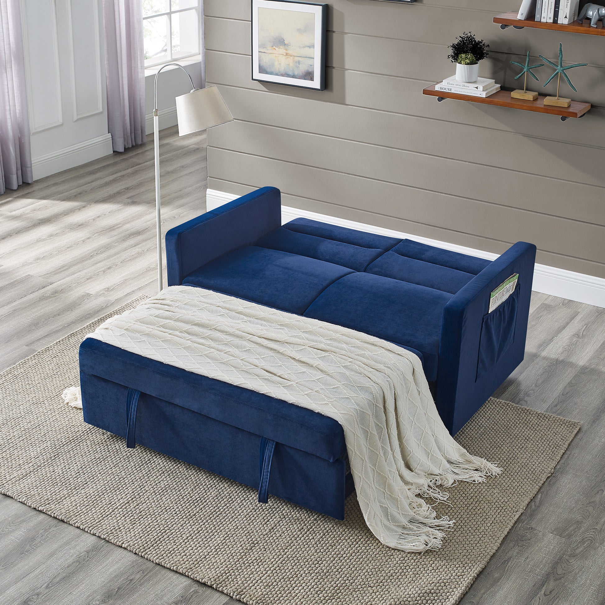 Loveseats Sofa Bed With Pull Out Bed,Adjsutable Back And Two Arm Pocket,Blue 54.5"X33"X31.5" Blue Velvet