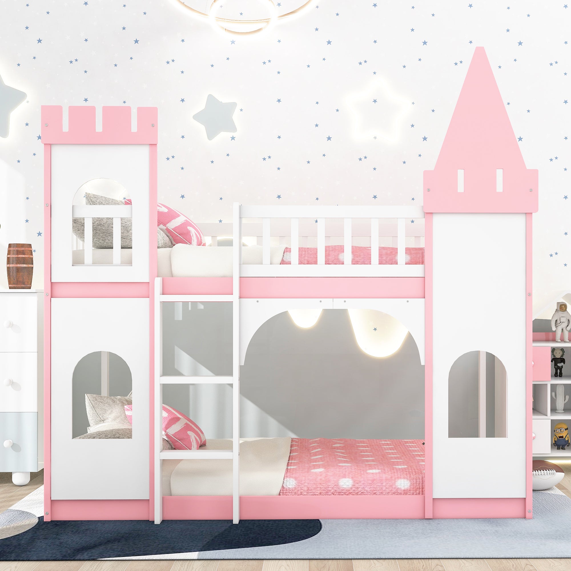Twin Over Twin Castle Bunk Bed With Ladder Pink Pink Solid Wood