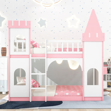 Twin Over Twin Castle Bunk Bed With Ladder Pink Pink Solid Wood