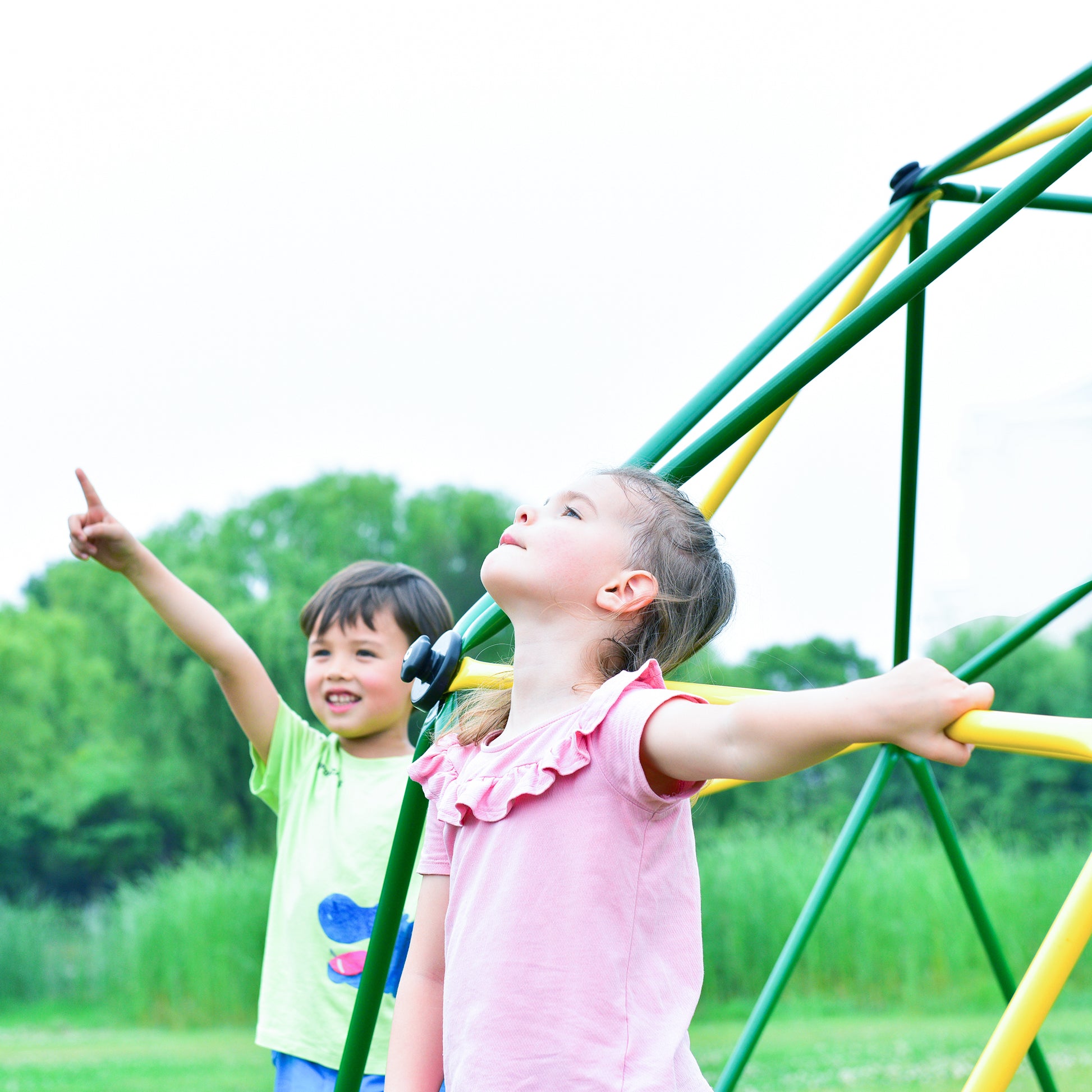 Kids Climbing Dome Tower 12 Ft Jungle Gym Geometric Playground Dome Climber Monkey Bars Play Center, Rust & Uv Resistant Steel Supporting 1000 Lbs Light Green Metal