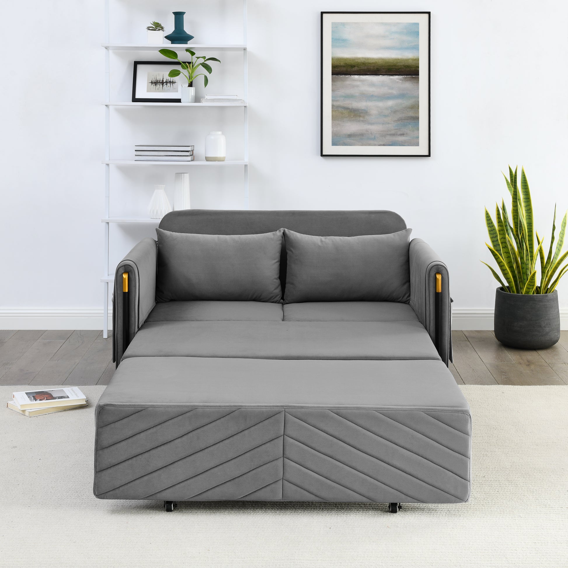 Mh 54" Modern Convertible Sofa Bed With 2 Detachable Arm Pockets, Velvet Loveseat Multi Position Adjustable Sofa With Pull Out Bed With Bedhead, 2 Pillows And Living Room, Grey Grey Polyester Velvet