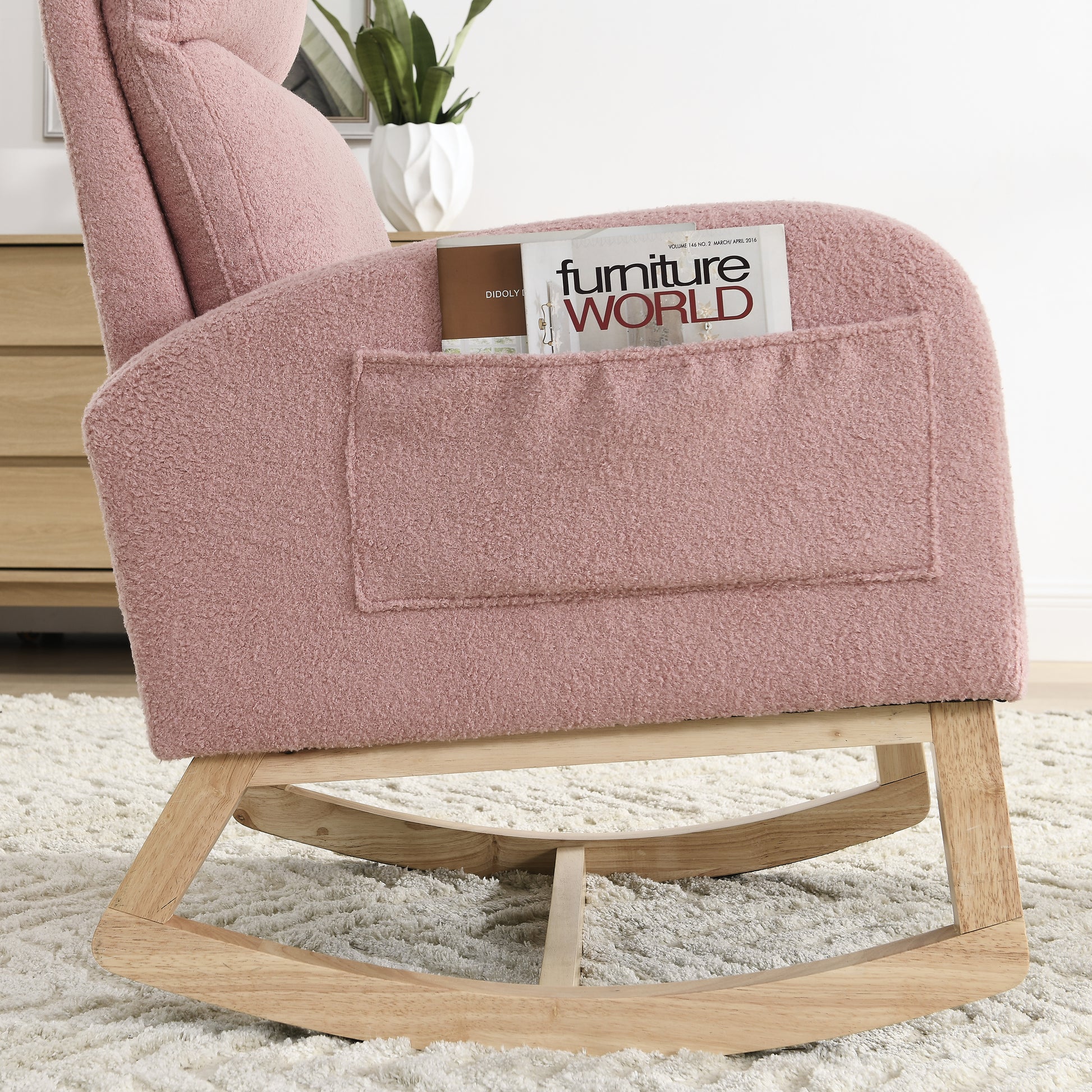 Video Welike 27.6"W Modern Accent High Backrest Living Room Lounge Arm Rocking Chair, Two Side Pocket W83453340 Pink Teddy Foam Fabric