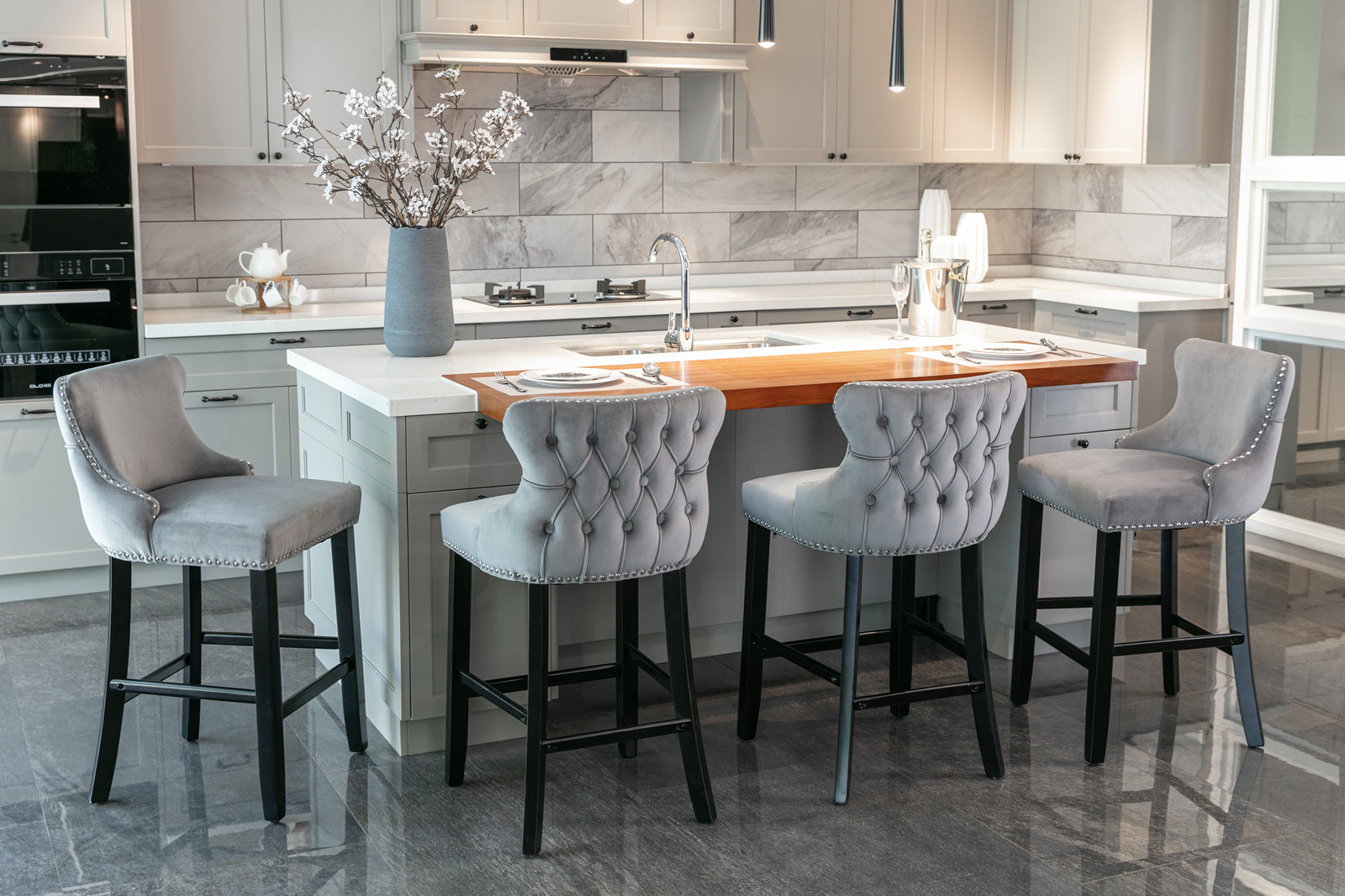 Contemporary Velvet Upholstered Wing Back Barstools With Button Tufted Decoration And Wooden Legs, And Chrome Trim, Leisure Style Bar Chairs,Bar Stools, Set Of 2 Gray ,Sw1824Gy Gray Foam Velvet