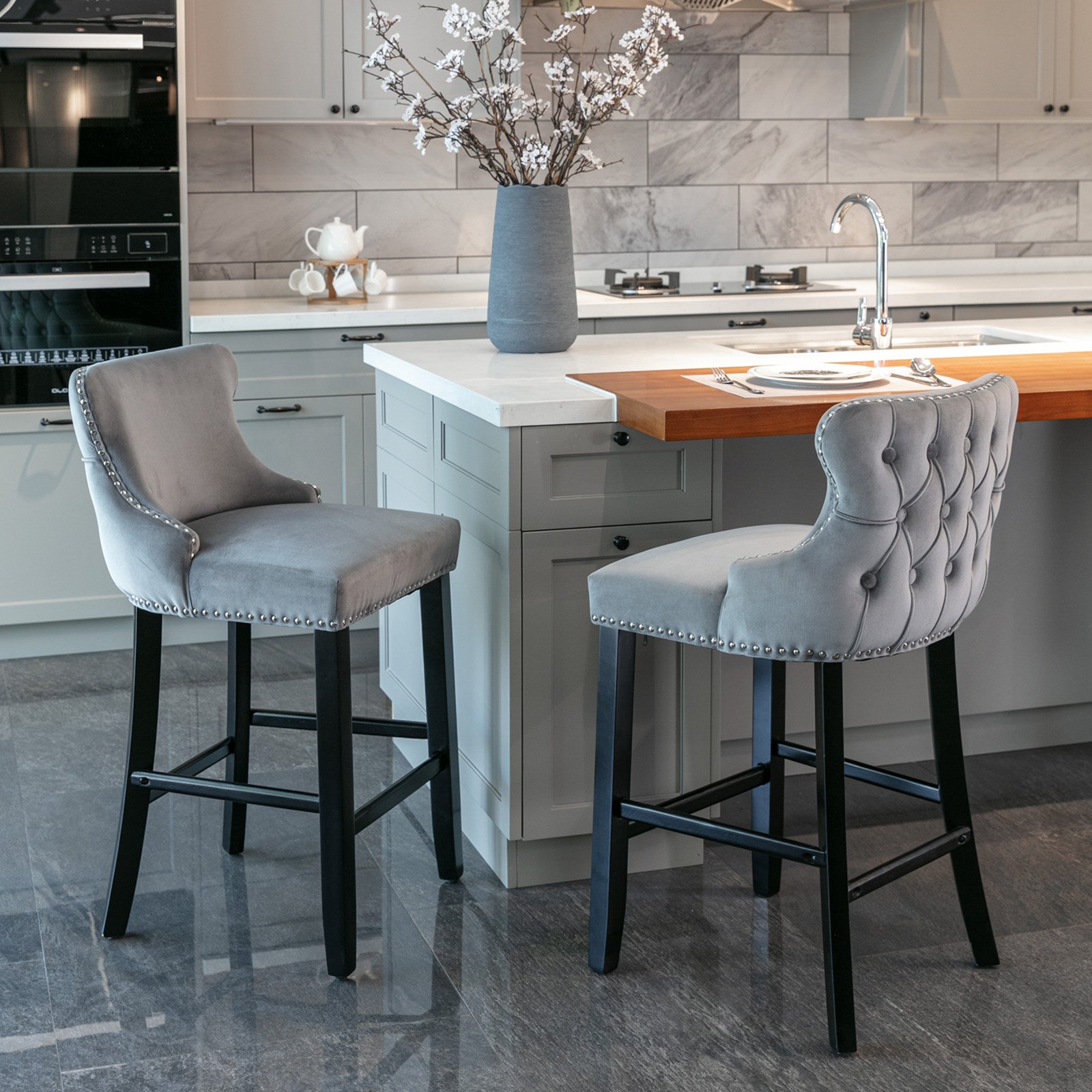 Contemporary Velvet Upholstered Wing Back Barstools With Button Tufted Decoration And Wooden Legs, And Chrome Trim, Leisure Style Bar Chairs,Bar Stools, Set Of 2 Gray ,Sw1824Gy Gray Foam Velvet