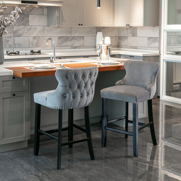 Contemporary Velvet Upholstered Wing Back Barstools With Button Tufted Decoration And Wooden Legs, And Chrome Trim, Leisure Style Bar Chairs,Bar Stools, Set Of 2 Gray ,Sw1824Gy Gray Foam Velvet