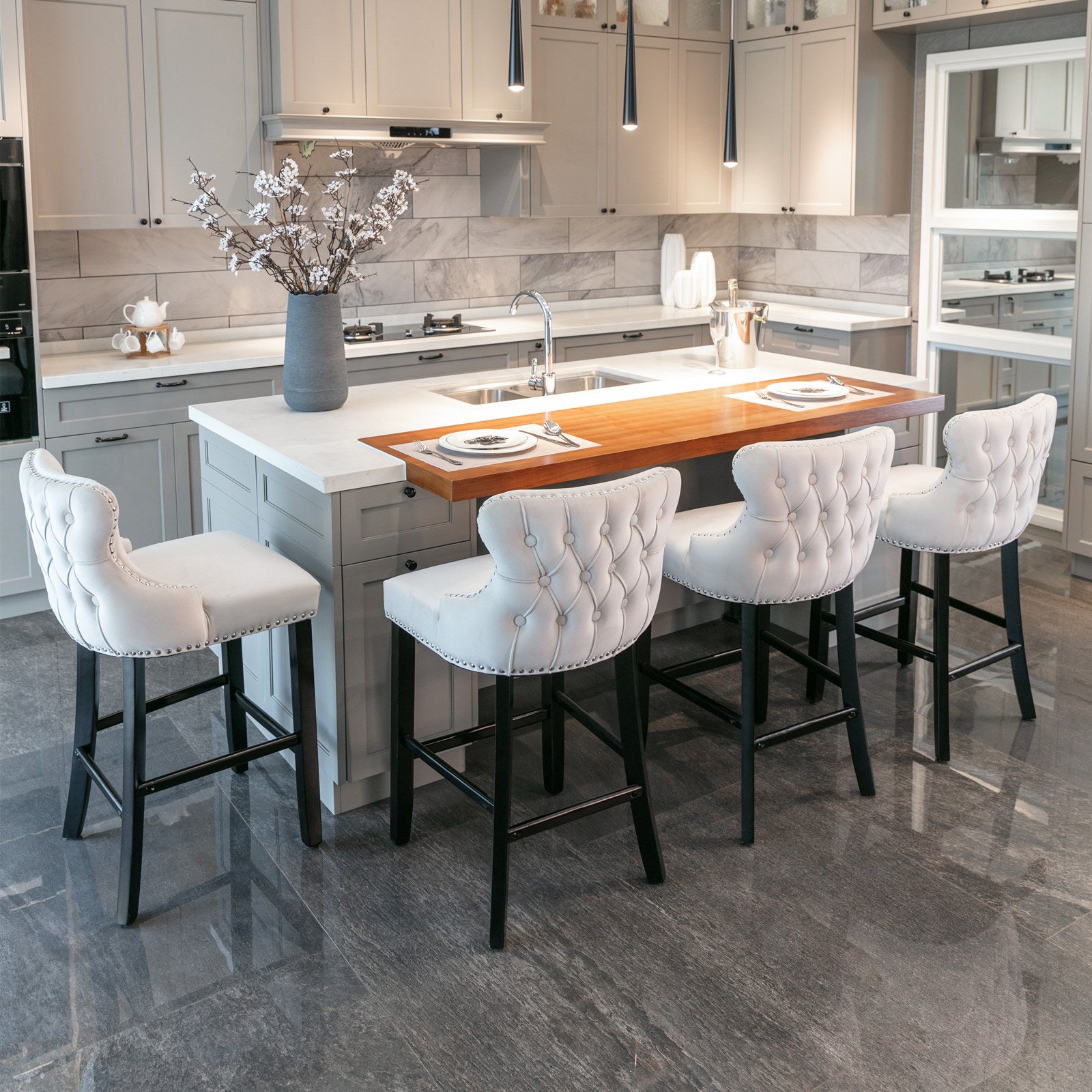 Contemporary Velvet Upholstered Wing Back Barstools With Button Tufted Decoration And Wooden Legs, And Chrome Trim, Leisure Style Bar Chairs,Bar Stools, Set Of 2 Beige ,Sw1824B Beige Foam Velvet