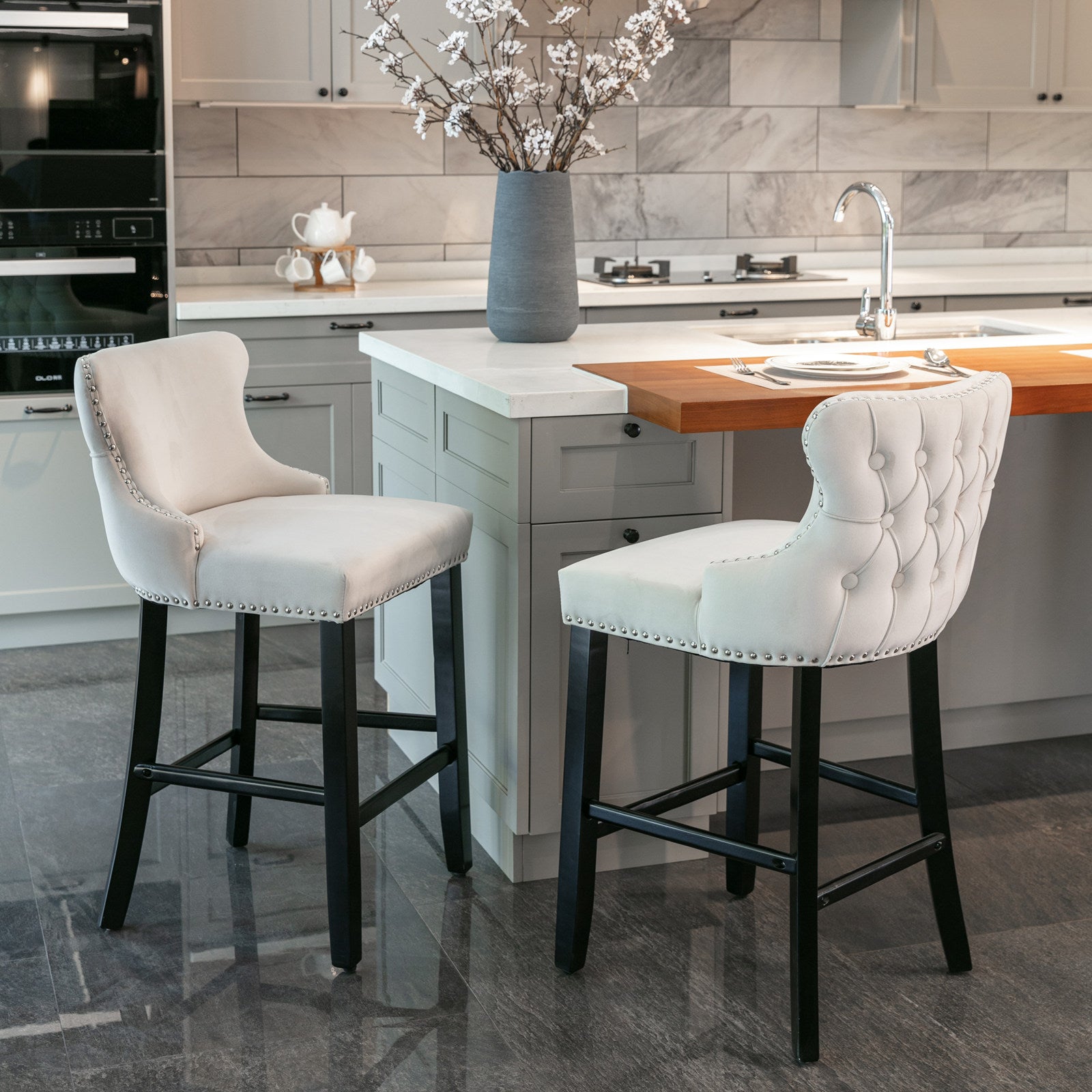 Contemporary Velvet Upholstered Wing Back Barstools With Button Tufted Decoration And Wooden Legs, And Chrome Trim, Leisure Style Bar Chairs,Bar Stools, Set Of 2 Beige ,Sw1824B Beige Foam Velvet