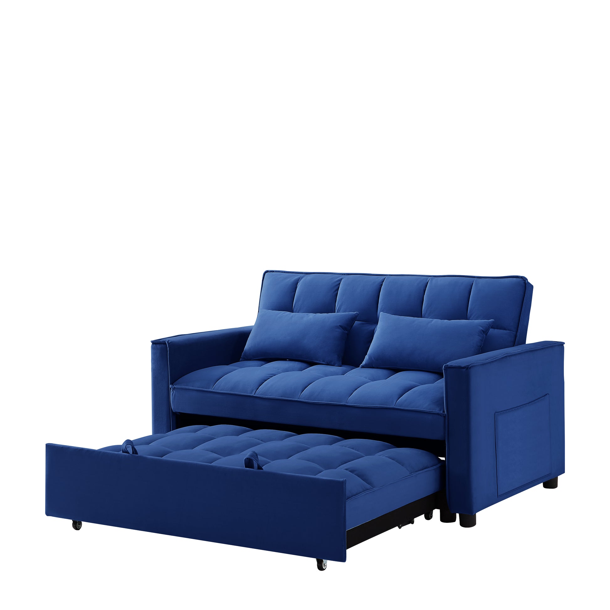 Modern Velvet Convertible Loveseat Sleeper Sofa Couch With Adjustable Backrest, 2 Seater Sofa With Pull Out Bed With 2 Lumbar Pillows For Small Living Room & Apartment Blue Foam Velvet