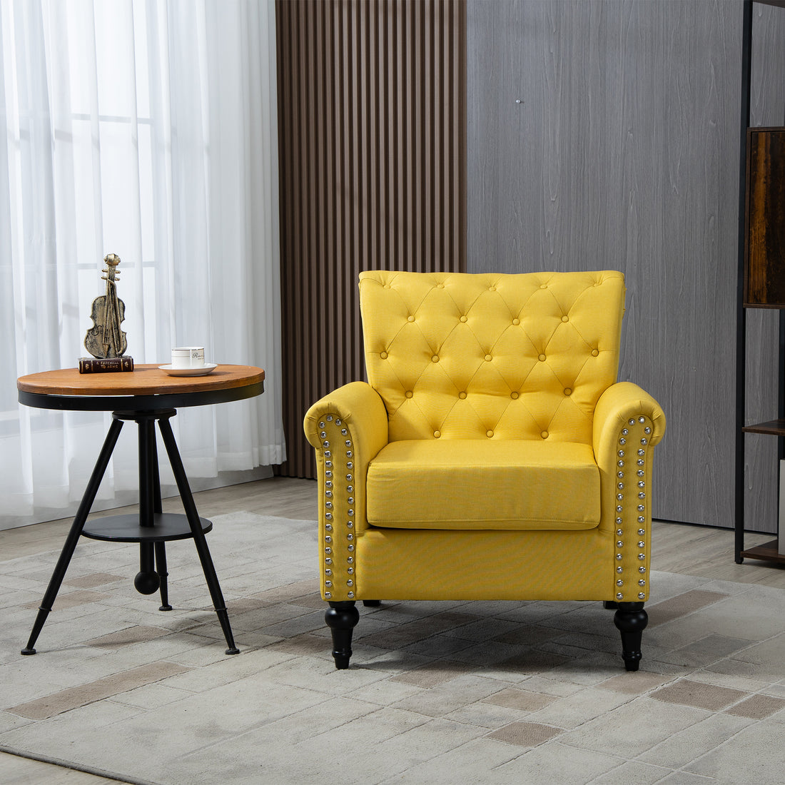 Mid Century Modern Accent Chair, Linen Armchair W Tufted Back Wood Legs, Upholstered Lounge Arm Chair Single Sofa For Living Room Bedroom, Yellow Yellow Foam Linen